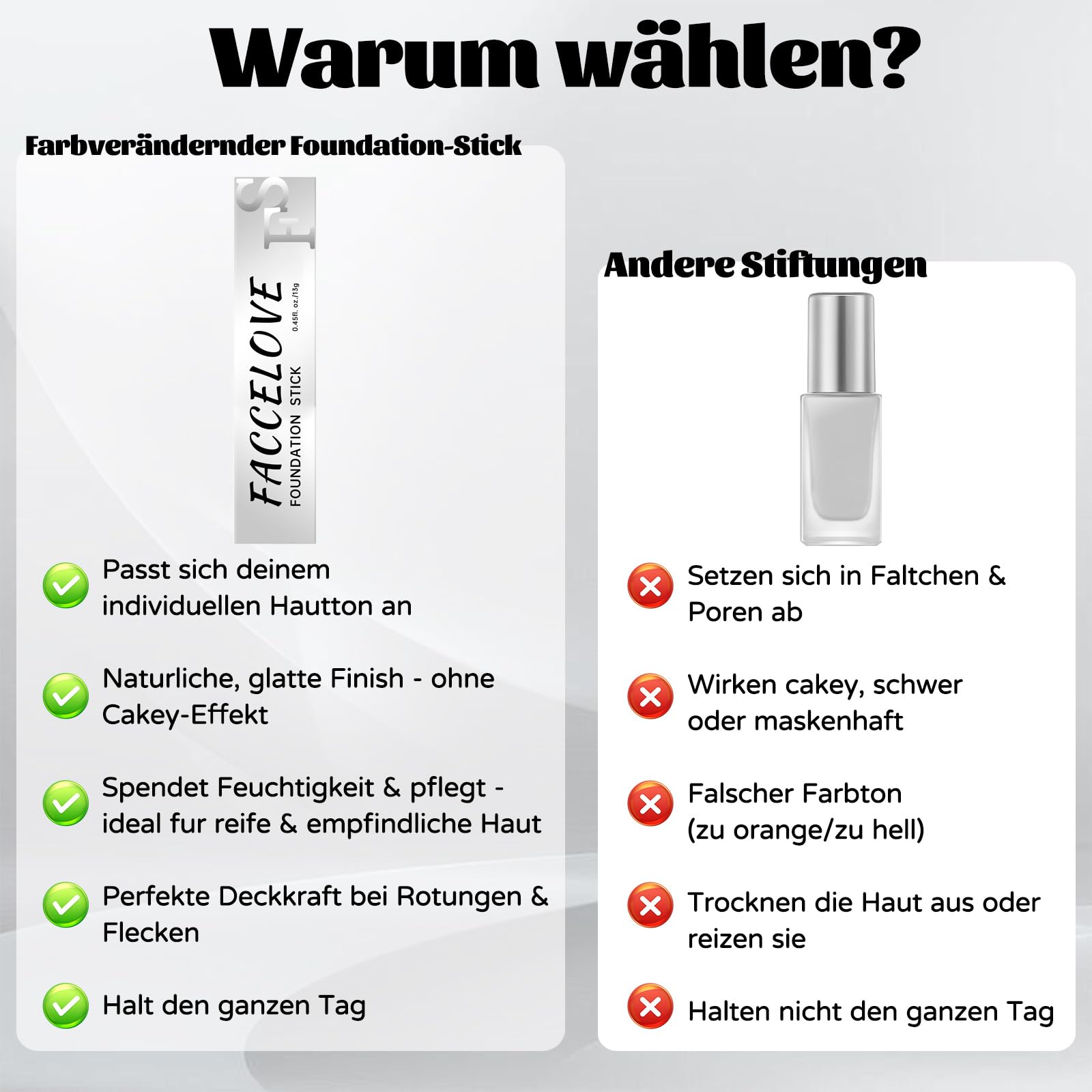 Facelove Foundation Stick mit Pinsel, Hochwertig Changing Foundation Stick, Facelove Veränderbares Foundation-duo mit lsf 15, Passt sichdeinem Hautton immer perfekt an (Elfenbeinweiß) - 5