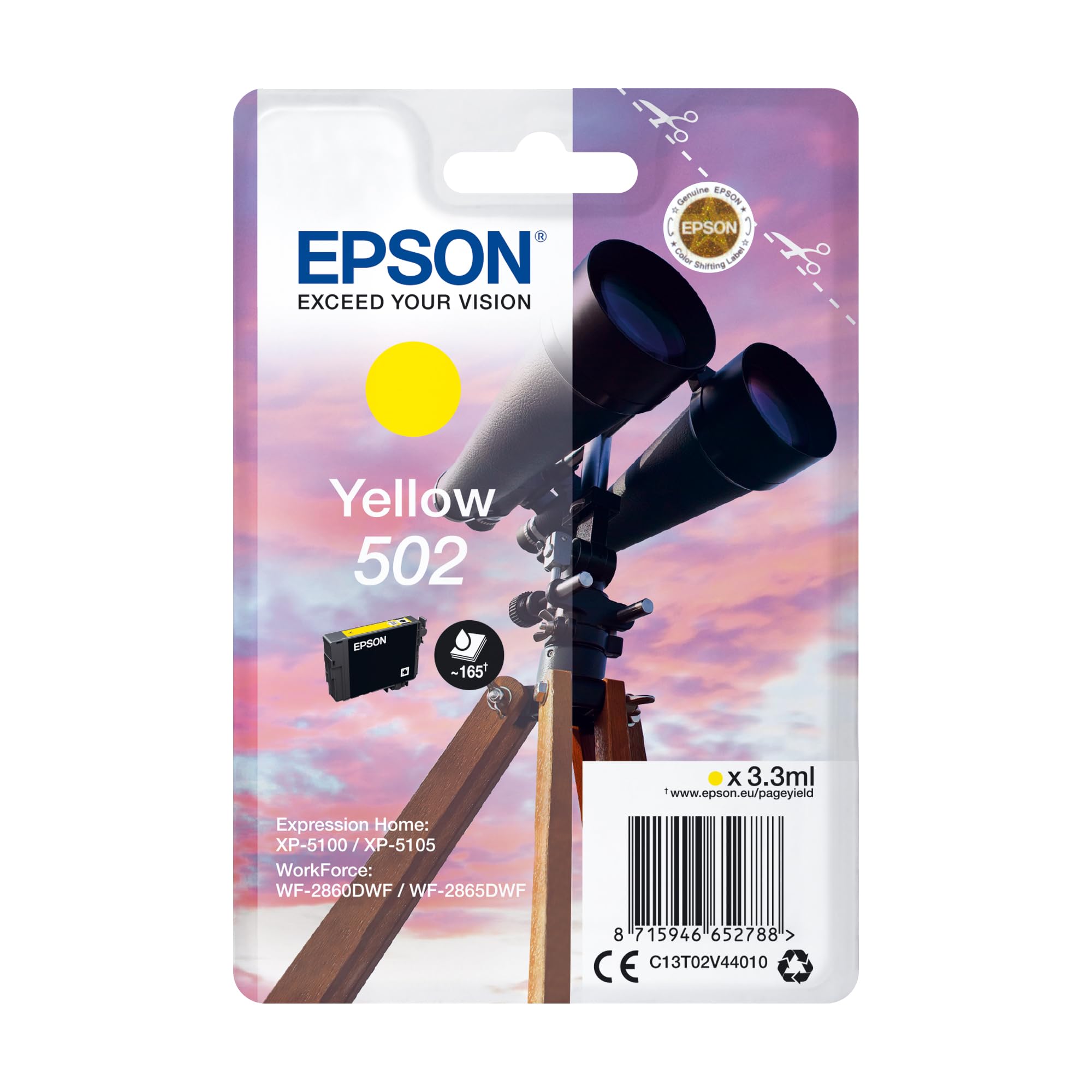 Epson Original 502 Tinte Fernglas Singlepack gelb Standard, XP-5100 XP-5105 XP-5150 XP-5155 WF-2860DWF WF-2865DWF WF-2880DWF WF-2885DWF, ReadyPrint Flex-Tintentarife
