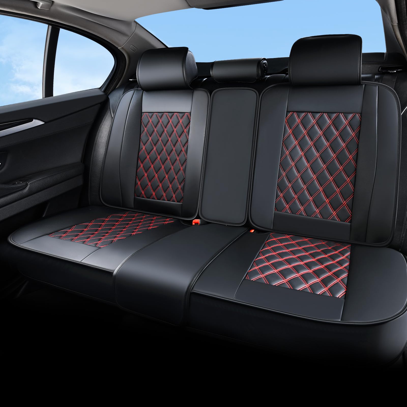 Photo 1 of Huidasource Rear Bench Car Seat Covers, Split Back Leather Seat Cover, Automotive Interior Car Seat Cover Protector Universal Fit for Most Cars Sedan SUV Pickup Truck (Back Row/Black&Red)