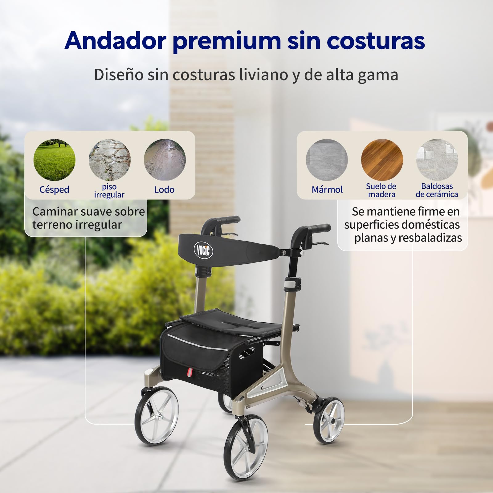 VOCIC Z71 andador plegable para ancianos, Andador de aluminio impermeable | andadores con asiento & ruedas PU todoterreno antipinchazos, Respaldo & altura ajustables, peso ligero, adultos, verde gris