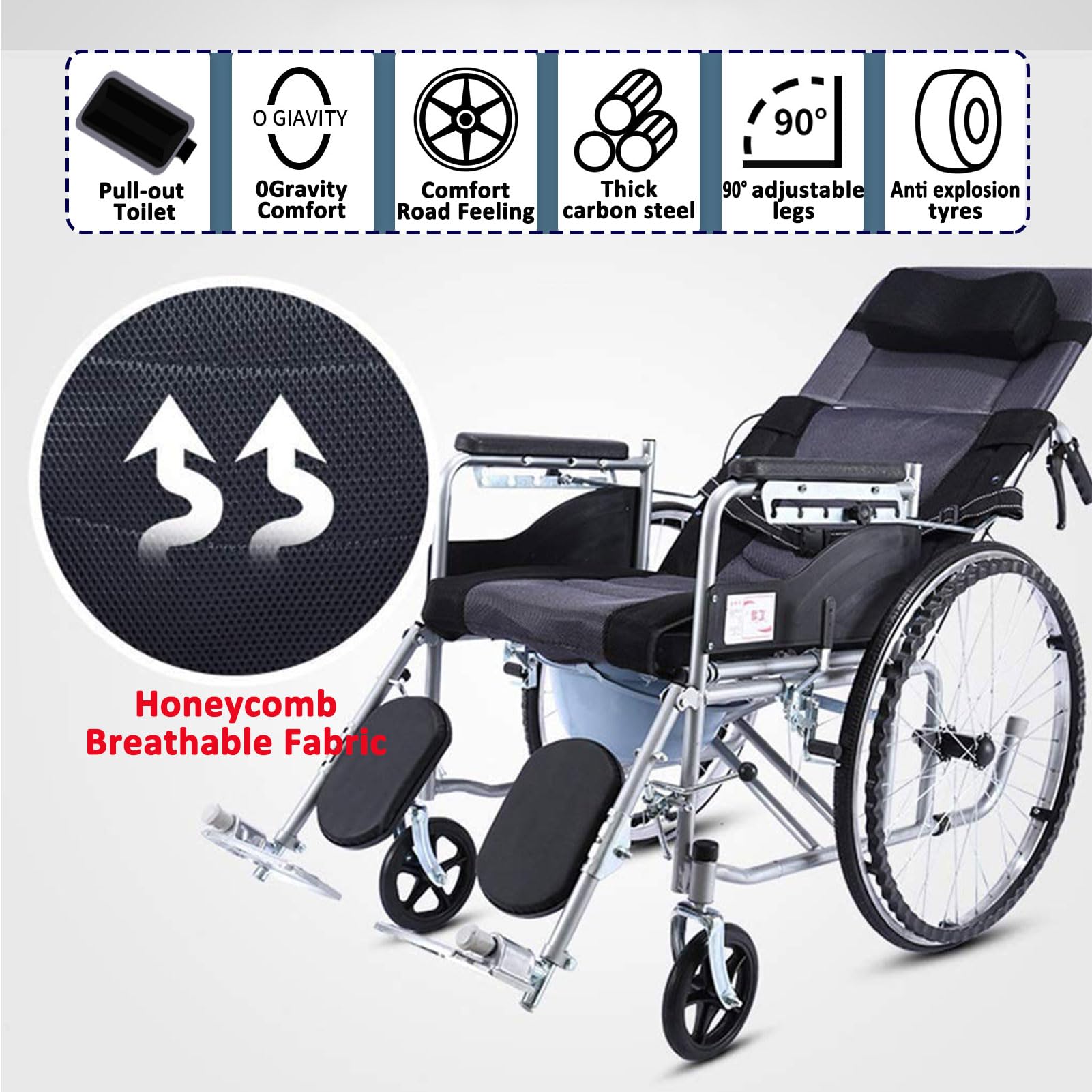 Silla de Ruedas Plegable reclinable, reclinable Ajustable en 6 Posiciones, cómodo Respaldo Plegable con Brazo y Pata de elevación, para Silla de Ruedas estándar para Adulto