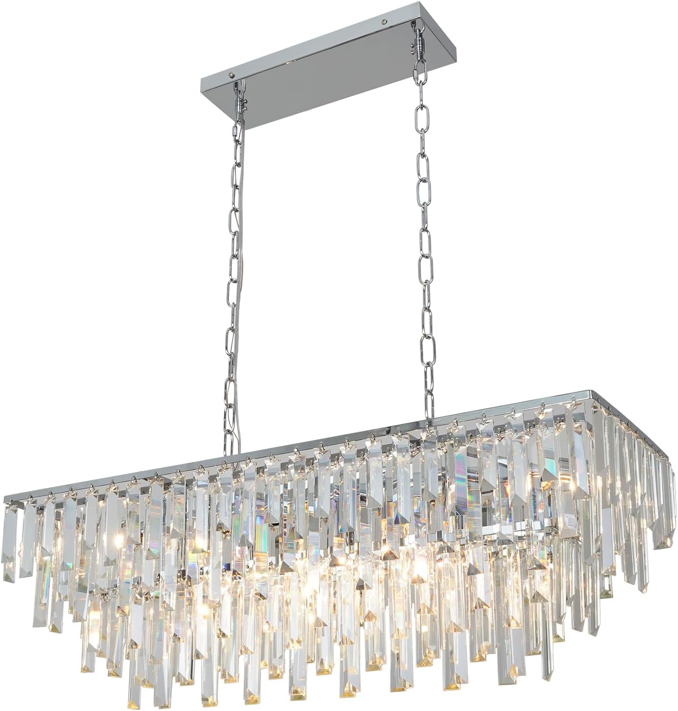 31.5" Modern Rectangle Crystal Chandelier, Chrome Linear Pendant Light with Clear Crystal Prisms, Luxury Island Lighting Fixture for Dining Room Kitchen Table Living Room