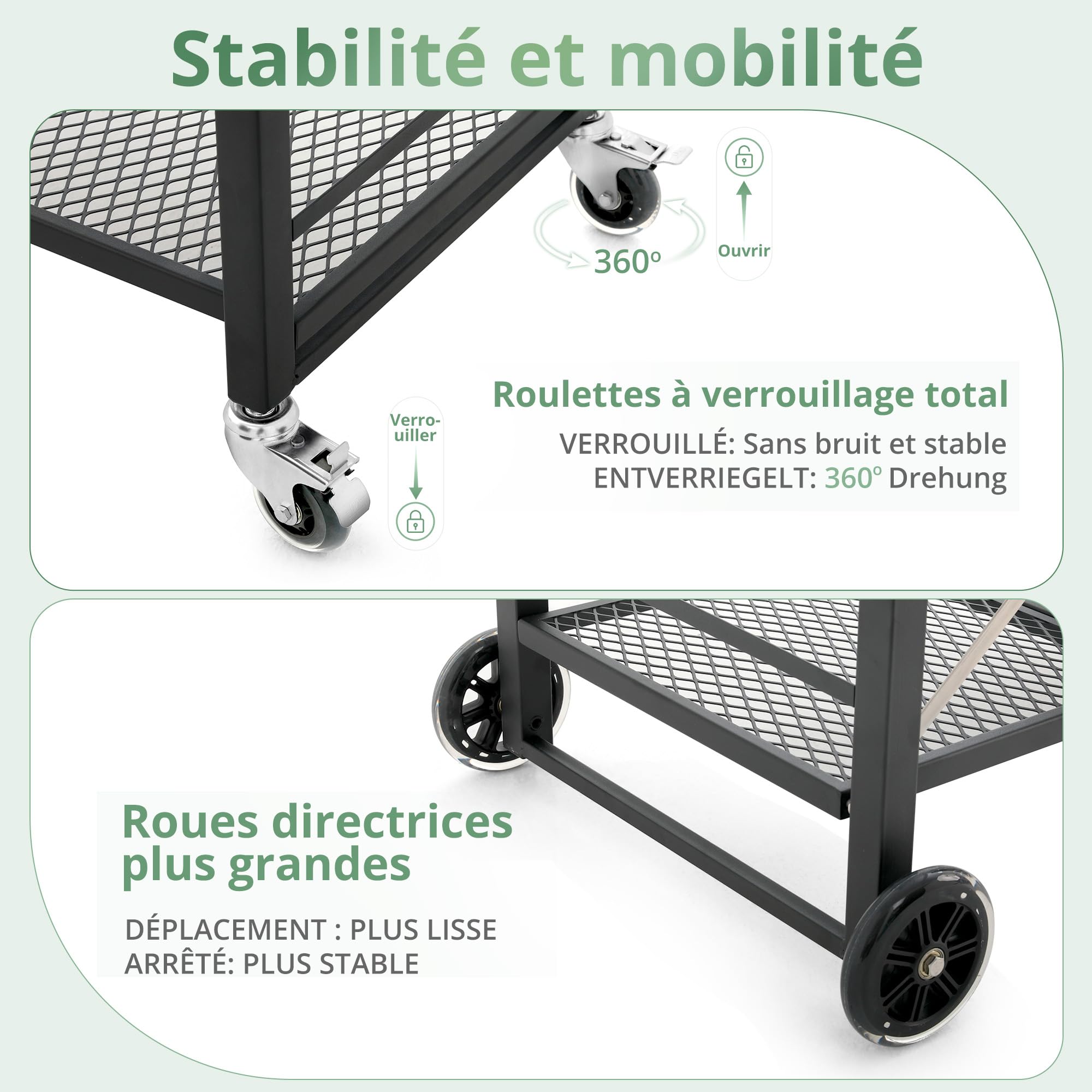 LUE BONA Desserte Jardin,Chariot de Barbecue 2 Niveaux,Desserte Extérieur pour Barbecue avec 4 roulettes Verrouillables e Crochets pour BBQ,Four a Pizza,70 x 47 x 86 cm,Nero