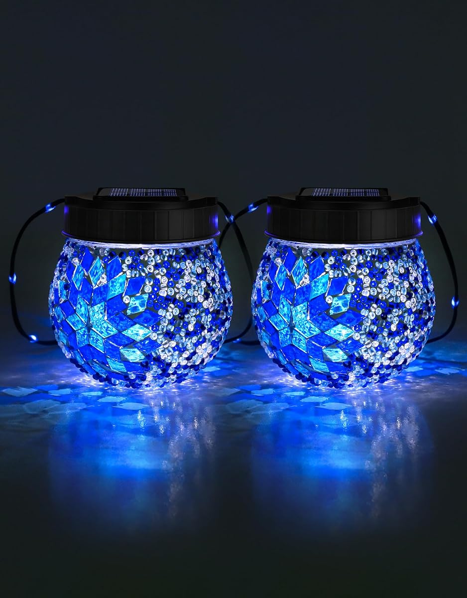 Paquete de 2 lámparas solares de mosaico para exteriores, linternas colgantes solares, regalos de Navidad para mujeres, mamá, abuela, luces de globo de vidrio impermeables, decoración de patio de jardín para patio, árbol, balcón, frío