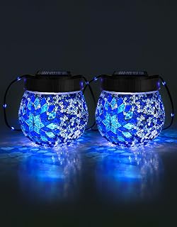 Mosaic Solar Lights Outdoor 2 Pack, Solar Hanging Lanterns Christmas Halloween Gifts for Women Mom Grandma, Waterproof Glass Globe Lights, Garden Patio Decor for Yard, Tree, Balcony, Cold