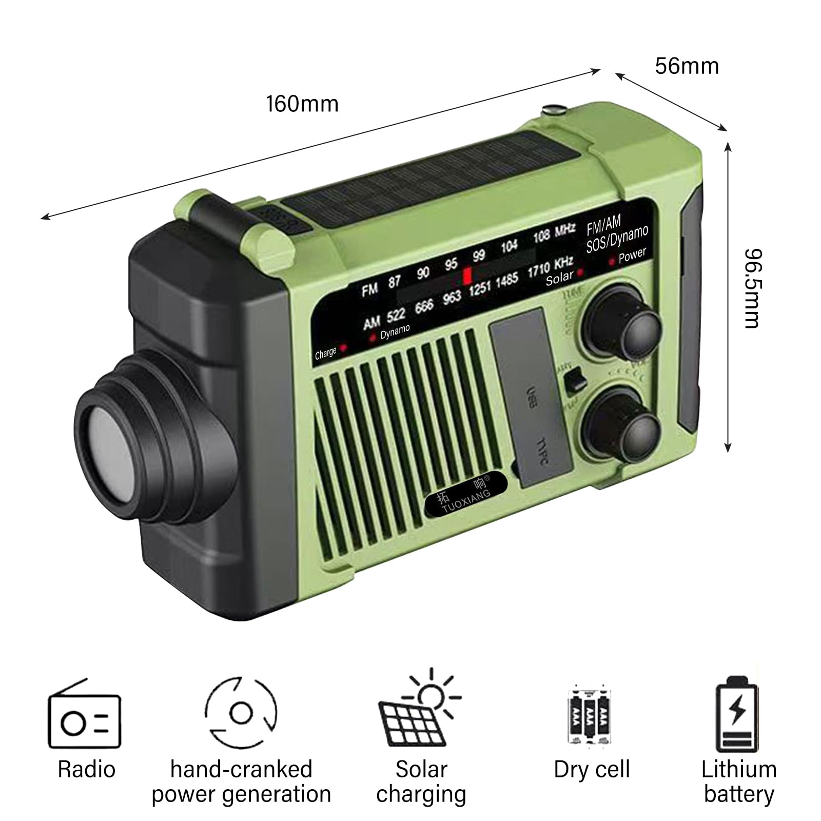 Radio korbowe, 1800 MA, radio awaryjne, solarne radio z korbą, do użytku na zewnątrz, na kemping, w sytuacjach awaryjnych, SOS, wytwarzanie prądu za pomocą korbki ręcznej, zielone (160 x 96 x 56 mm)