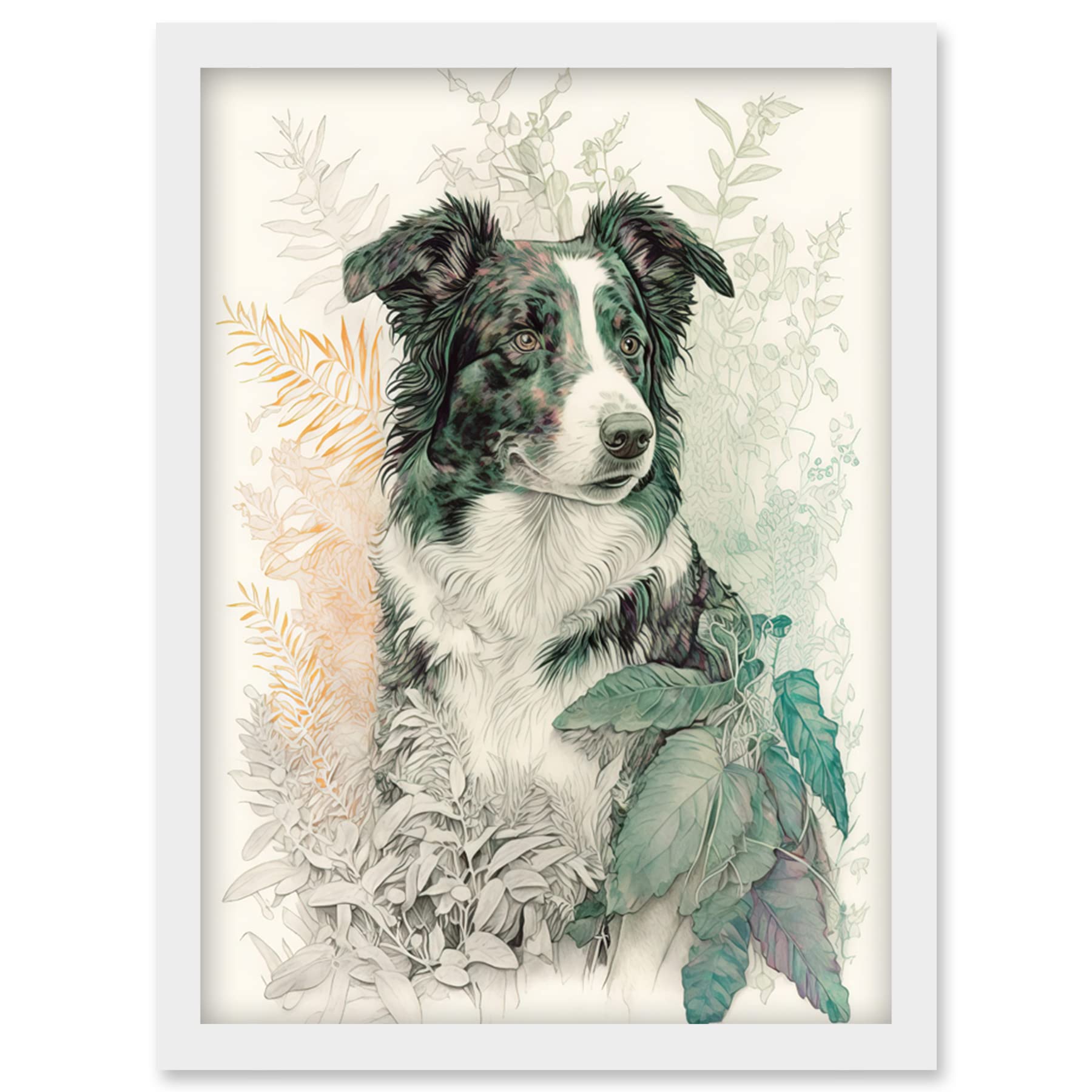 Artery8 Border Collie Dog in Field Modern Colour Pencil Portrait Illustration Artwork Framed Wall Art Print A4