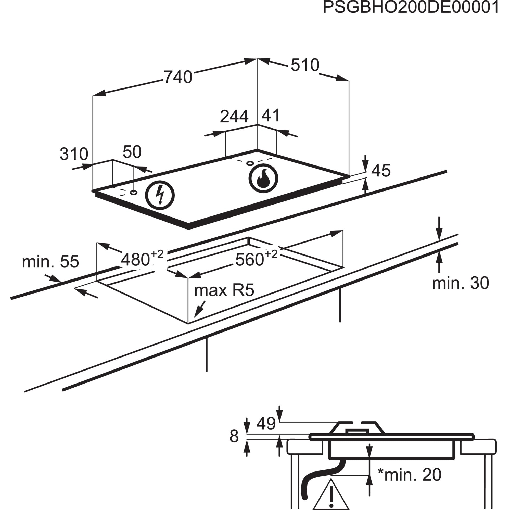 Electrolux Piano Cottura a Gas 5 Fuochi, EGG75372M, Serie 600, 75 cm da Incasso, Bruciatore Rapido, Bruciatore Wok, 740x510 mm, Supporto Piano Cottura Ghisa