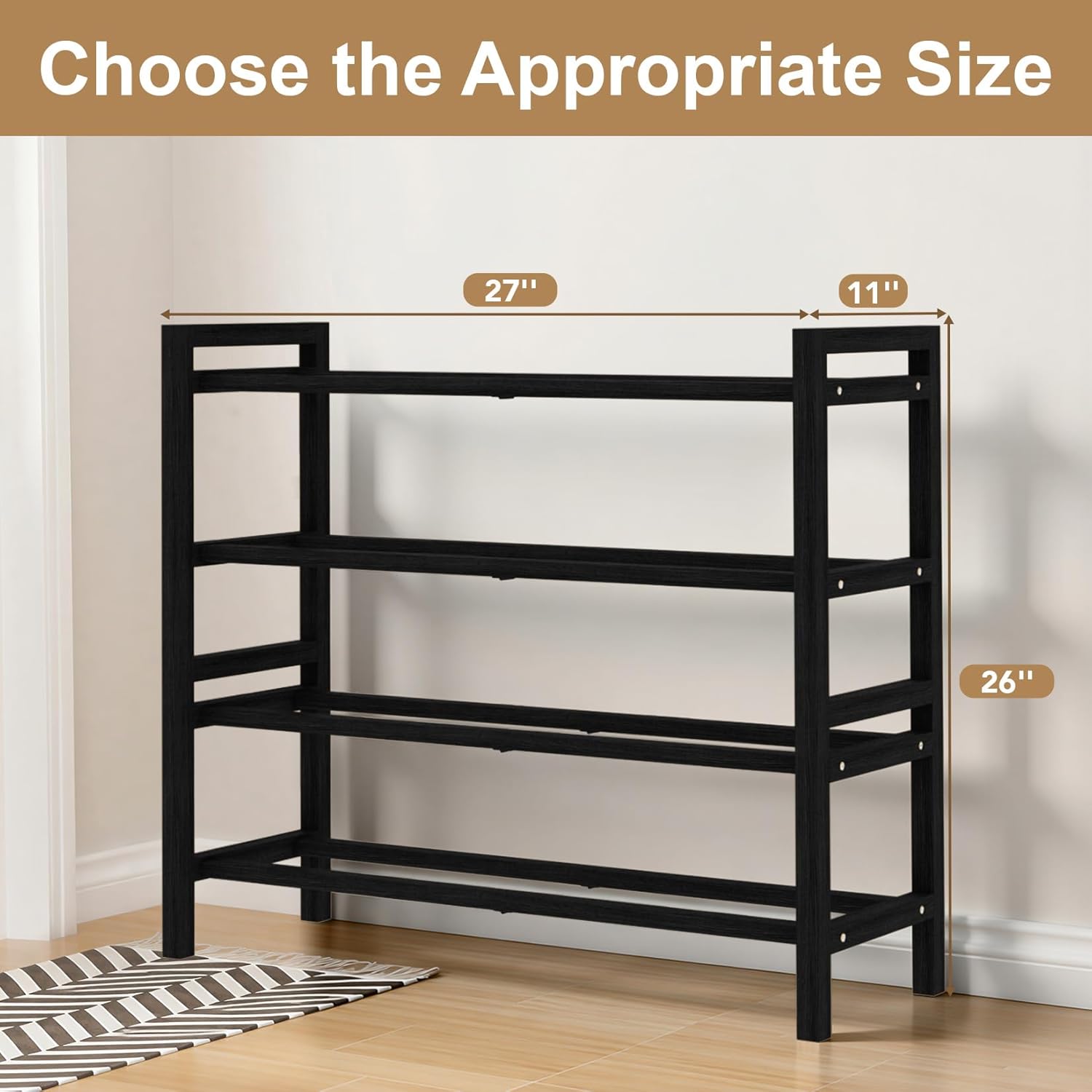 Haddockway Bamboo Shoe Rack for Closet, Free Standing Shoe Organizer with Smooth Round Rods & Convenient Handles, Stackable Shoe Storage Shelf for Entryway, Hallway(Black, 4-Tier)