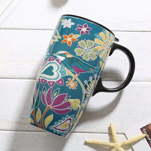 Miniatura 4 de Topadorn Taza de cerámica para café, taza de té de porcelana con tapa, 17 oz, sinfonía floral, pájaro verde