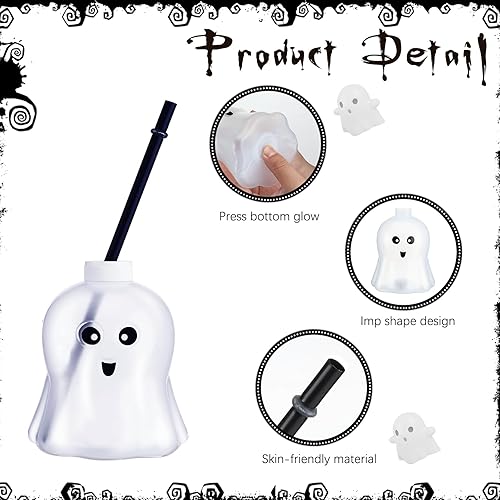 Miniatura 3 de Zubebe 6 tazas con forma de fantasma de Halloween que brillan en la oscuridad con tapa de pajilla, 3 modos de luz coloridos, reutilizables,