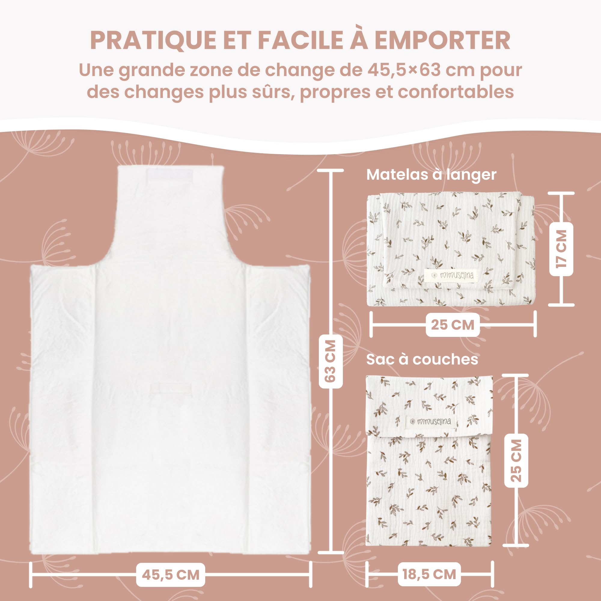 MIMUSELINA Set Tapis a Langer Portable et Sac a Langer Bebe | Imperméable, Pliable et 100% Coton OEKO-TEX | Accessoires Bébé pour Sorties ou Voyages | Fait Main en Espagne