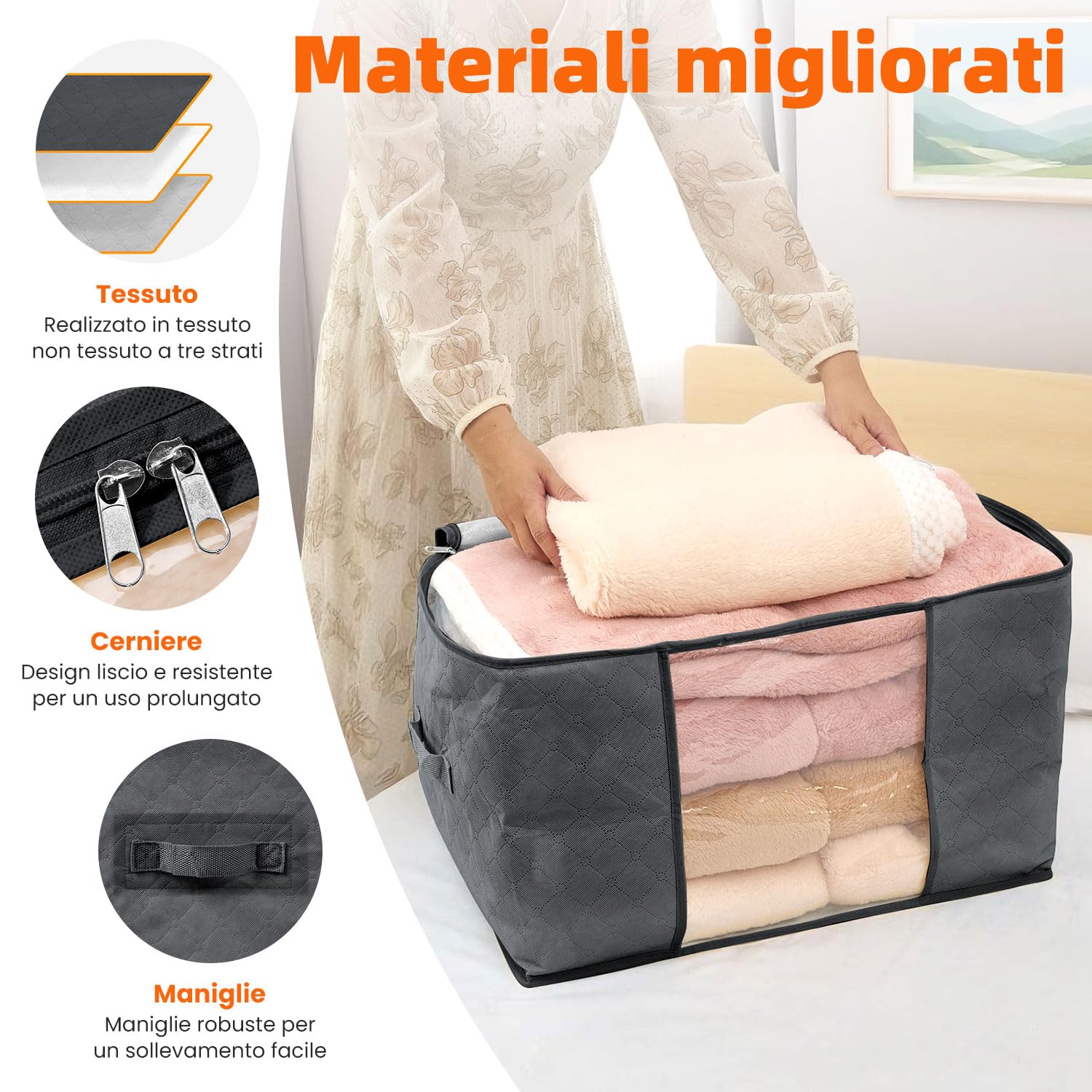 Set da 3 Borse Salvaspazio Pieghevoli 80L – Grigio Scuro – Tessuto a 3 Strati con Finestra Trasparente – per Vestiti, Coperte, Letto, Armadio
