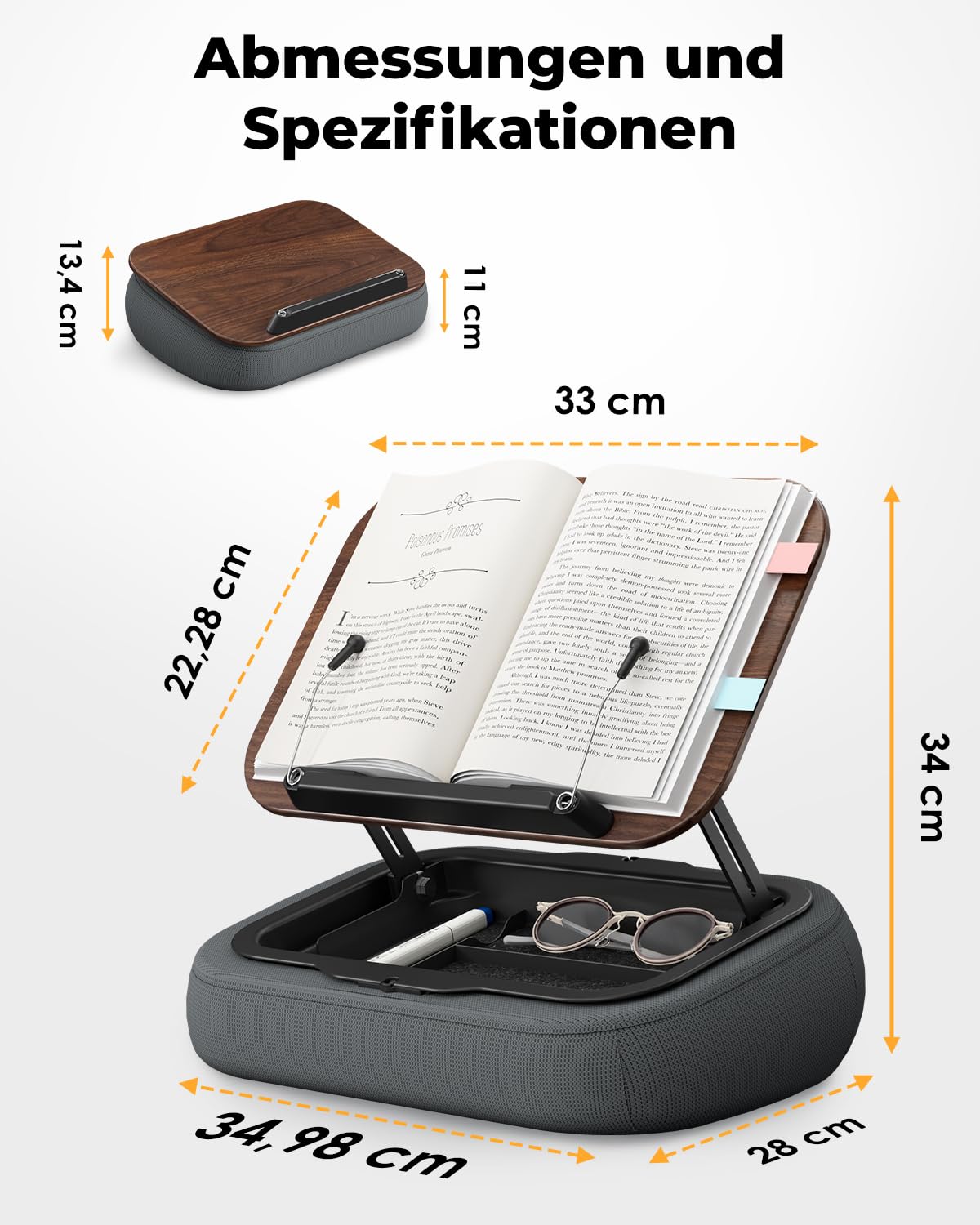SupeDesk Supporto per libri da leggere, regolabile, per letto, divano, scrivania, morbido cuscino da lettura con clip laterale e spazio di archiviazione, pieghevole, a mani libere, essenziale per gli