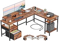Furologee 66-Inch Reversible L-Shaped Gaming Desk with Power Outlet, File Drawer, Monitor Stands & Storage Shelves - Rustic Brown Home Office Desk