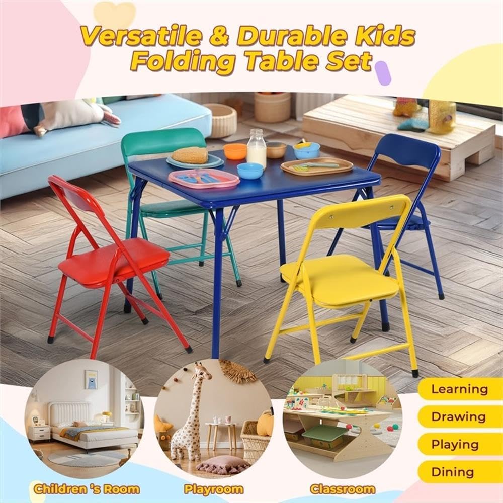 Pemberly Row Multicolor Kids Table Chair Set, Bright Fun Design, Durable Frame, Foldable, Child-Safe Materials, Ideal for Crafts, Mealtime, Playtime, Includes 1 Table 4 Chairs, Ages 3-8