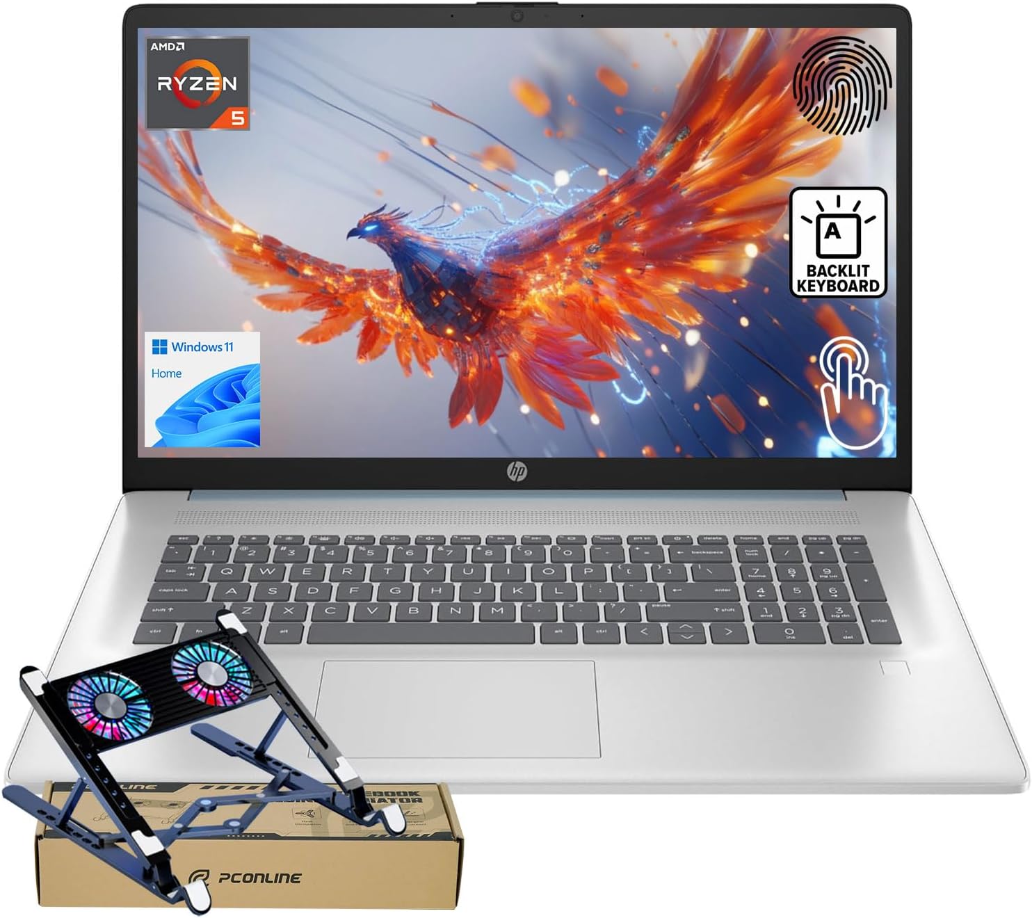 HP 17 Laptop PC, 17.3" HD+ Touchscreen, AMD Ryzen 5 7430U, 16GB RAM, 1TB PCIe SSD, Fingerprint Reader, Backlit KB, Webcam, HDMI, Wi-Fi 6, Win11 Home, Bundle with PCO Notebook Fold Radiator, Cooler