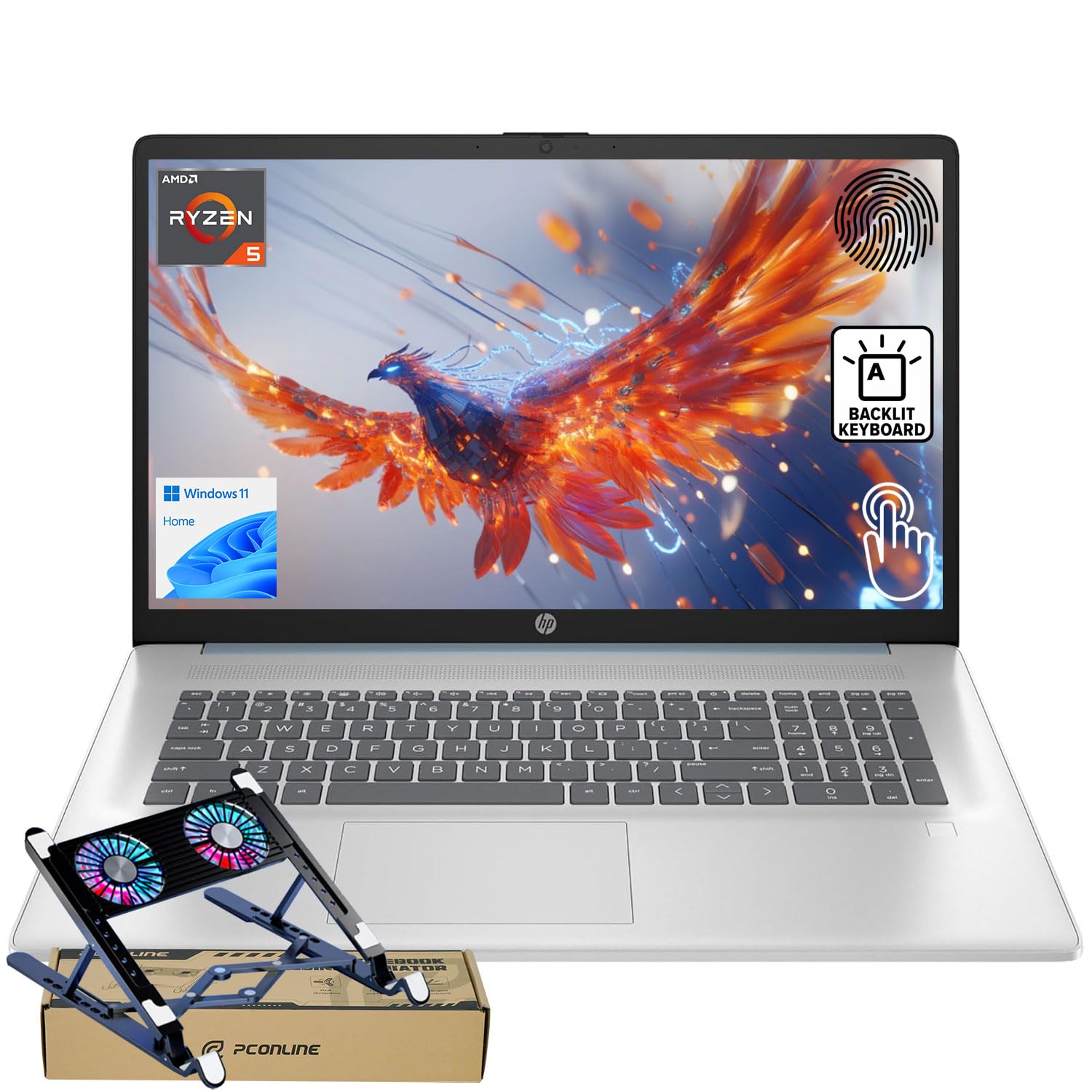 HP 17 Laptop PC, 17.3" HD+ Touchscreen, AMD Ryzen 5 7430U, 16GB RAM, 1TB PCIe SSD, Fingerprint Reader, Backlit KB, Webcam, HDMI, Wi-Fi 6, Win11 Home, Bundle with PCO Notebook Fold Radiator, Cooler