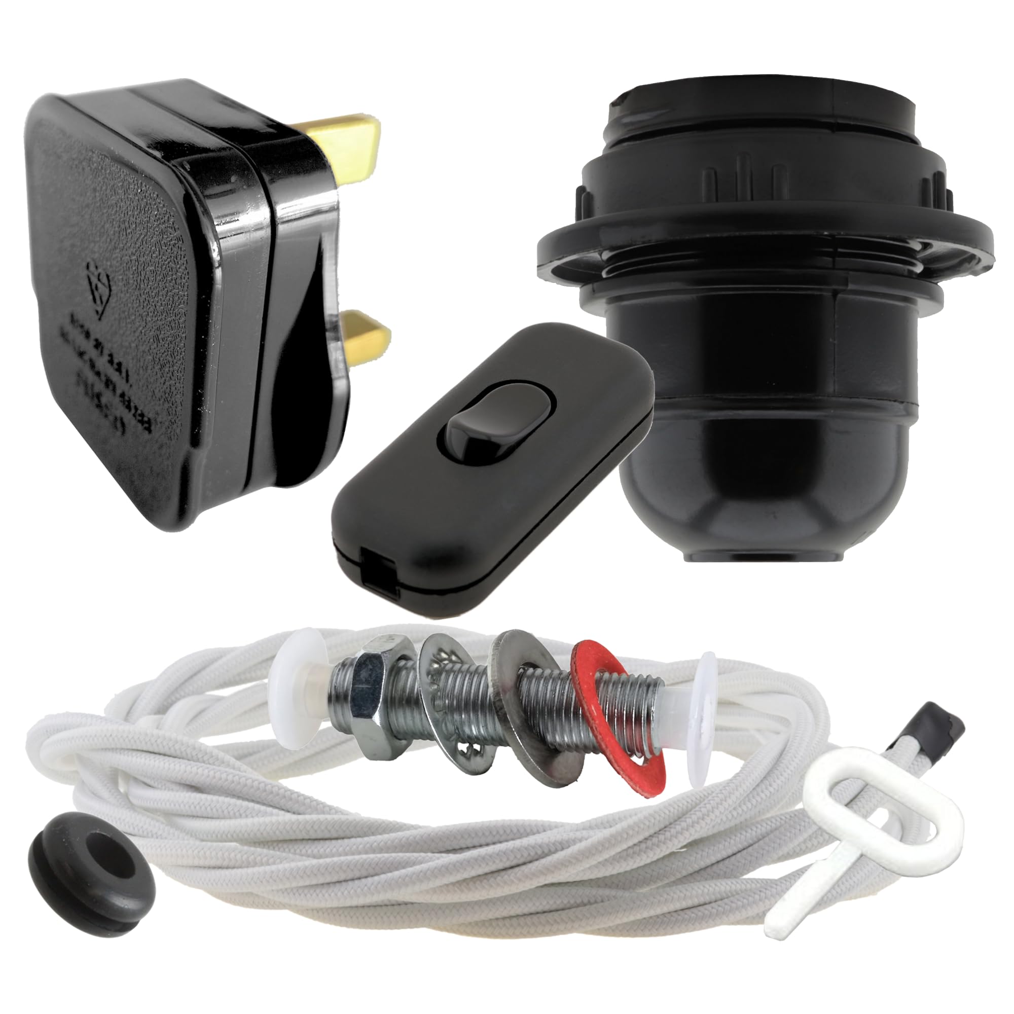 Art Deco Emporium Lamp Repair Kit|Black Plug|White Flex|Black Switch and E27 Bakelite Lamp Holder