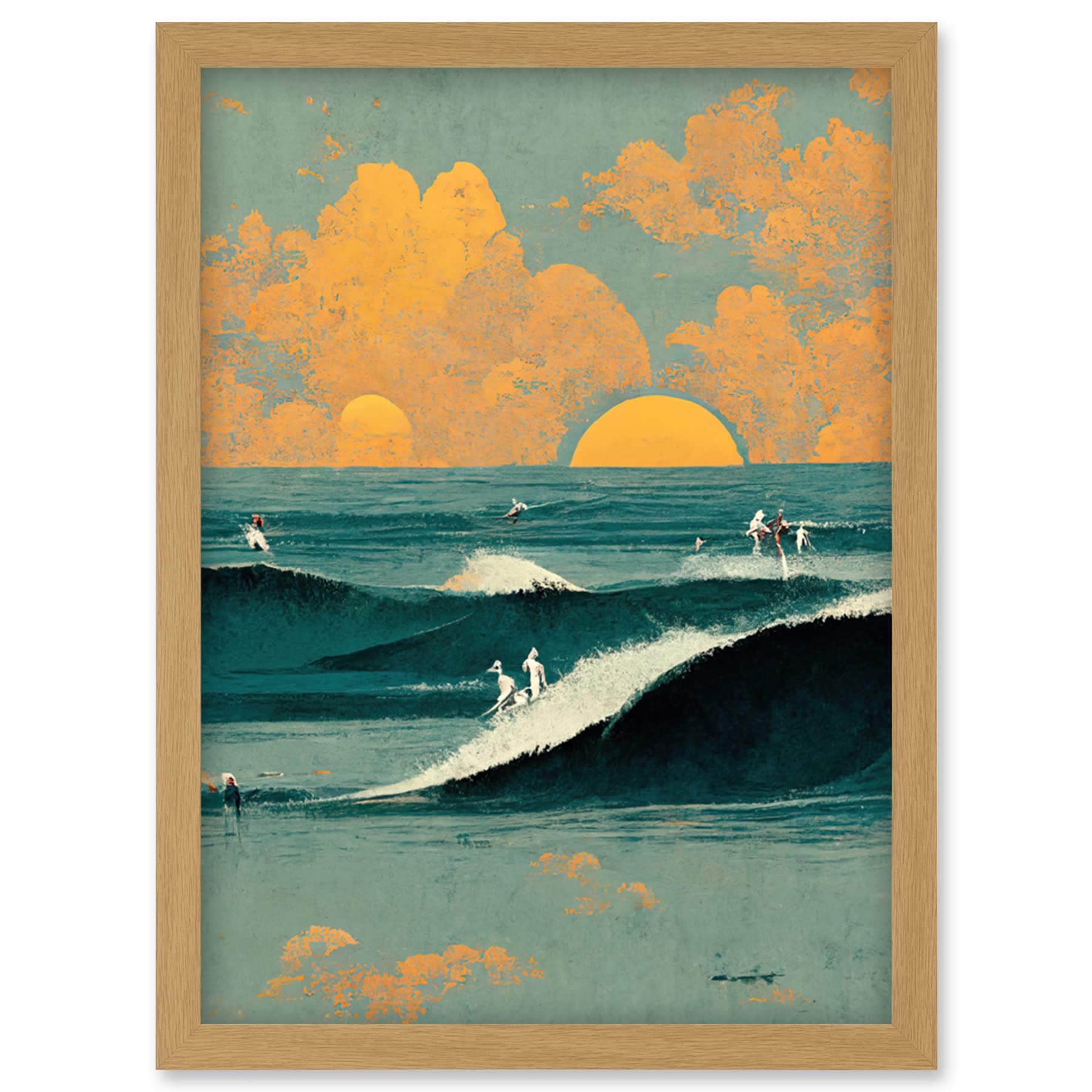 Wee Blue Coo Surfers Surfing Chasing Waves at Sunset Teal Mustard Abstract Oil Paint Artwork Framed Wall Art Print A4