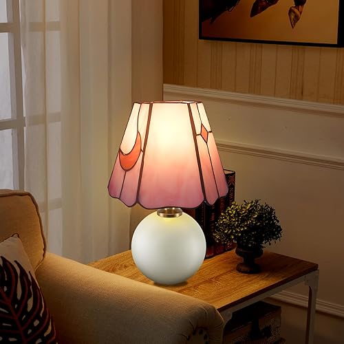 Miniatura 6 de Lámpara estilo Tiffany con forma de hongo, lámpara de mesita de noche, mesita de noche, luna de cristal rosa y azul, luz nocturna para dormitorio,
