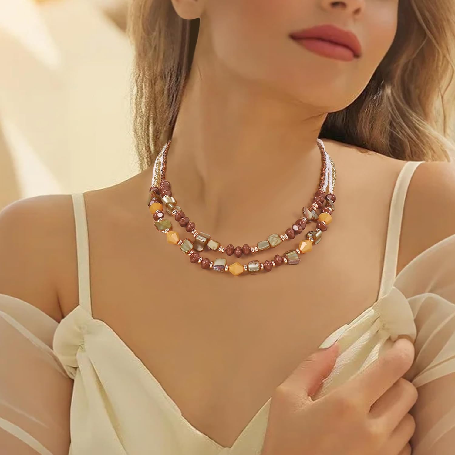 Coiris Layered Shell Beaded Necklaces for Women Handmade Boho Colored Bead Choker Necklace Holiday Style Costume Jewelry for Women - Image 2