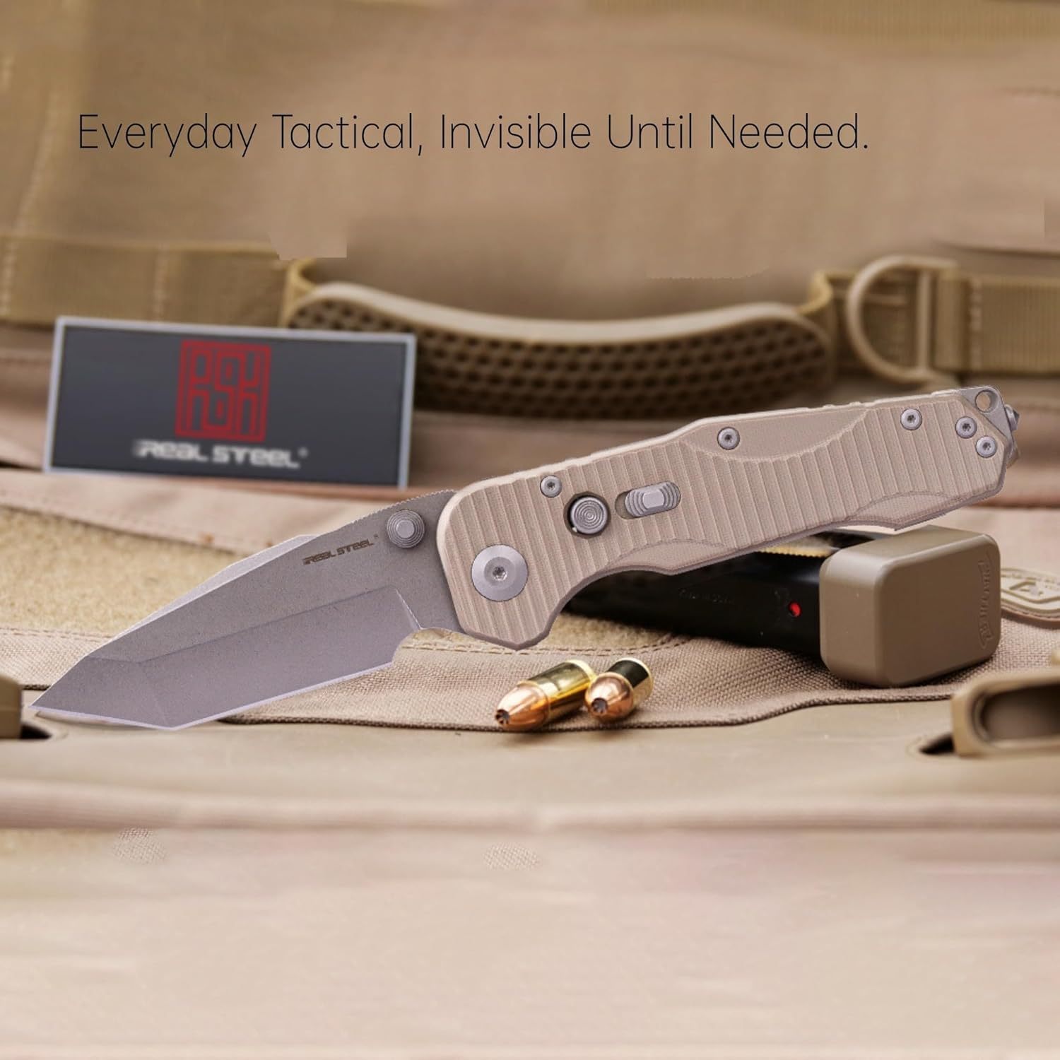 REALSTEEL Evolution Ironclad Folding Pocket Knife,3.8"Tanto D2 Blade,Button Frame Lock,G10 Handle,Thumb Stud,Safety Switch,6.5oz,EDC Tactical Indoor Outdoor,Camping,Hiking,Daily Use,Gift for Men Women(Tanto Coyote Stonewash)