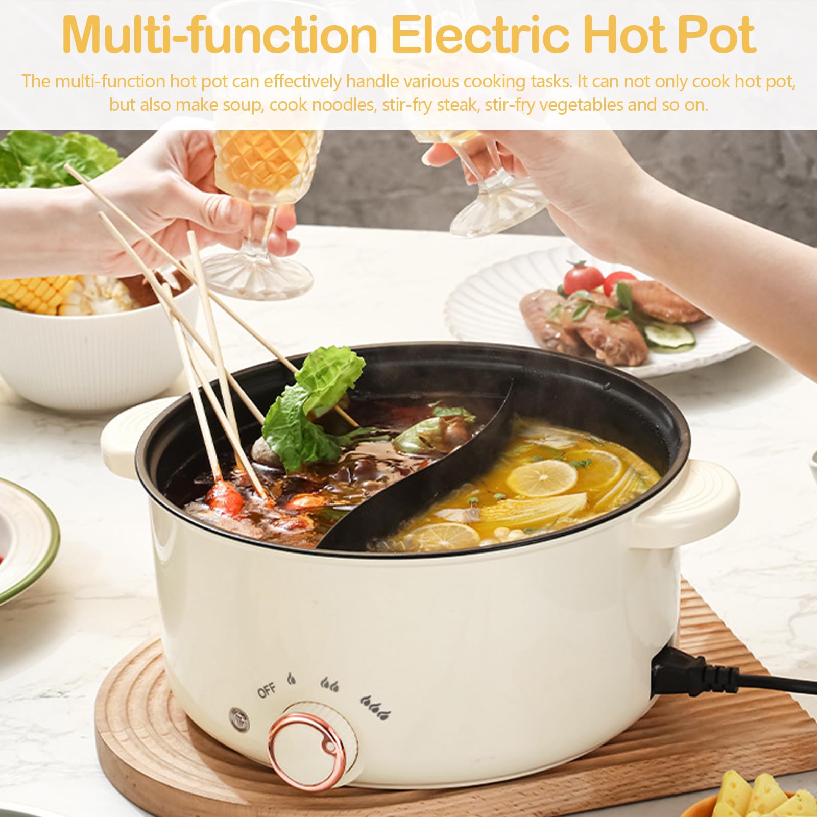 Hot Pot, Olla eléctrica de 4 L con compartimentos Antiadherente Crockpot de 1000 W con 3 Ajustes de Potencia para Cocinar Guisos Hacer Sopa Cocinar Fideos Freír Filetes y Saltear Verduras