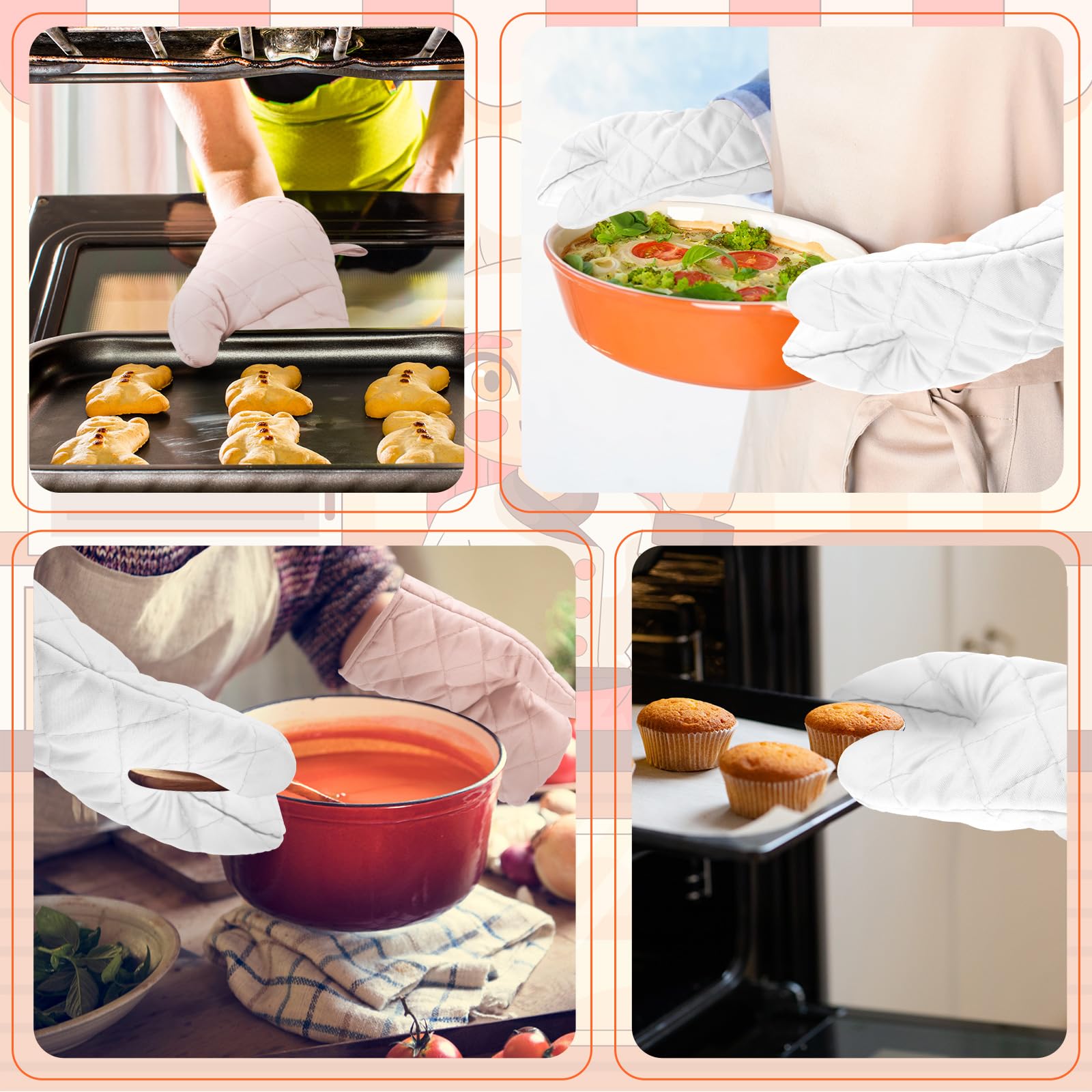 6 pares de guantes de horno resistentes al calor, guantes de cocina de 11 pulgadas de largo, acolchados, de algodón y poliéster, para cocinar, hornear, asar a la parrilla (blanco)