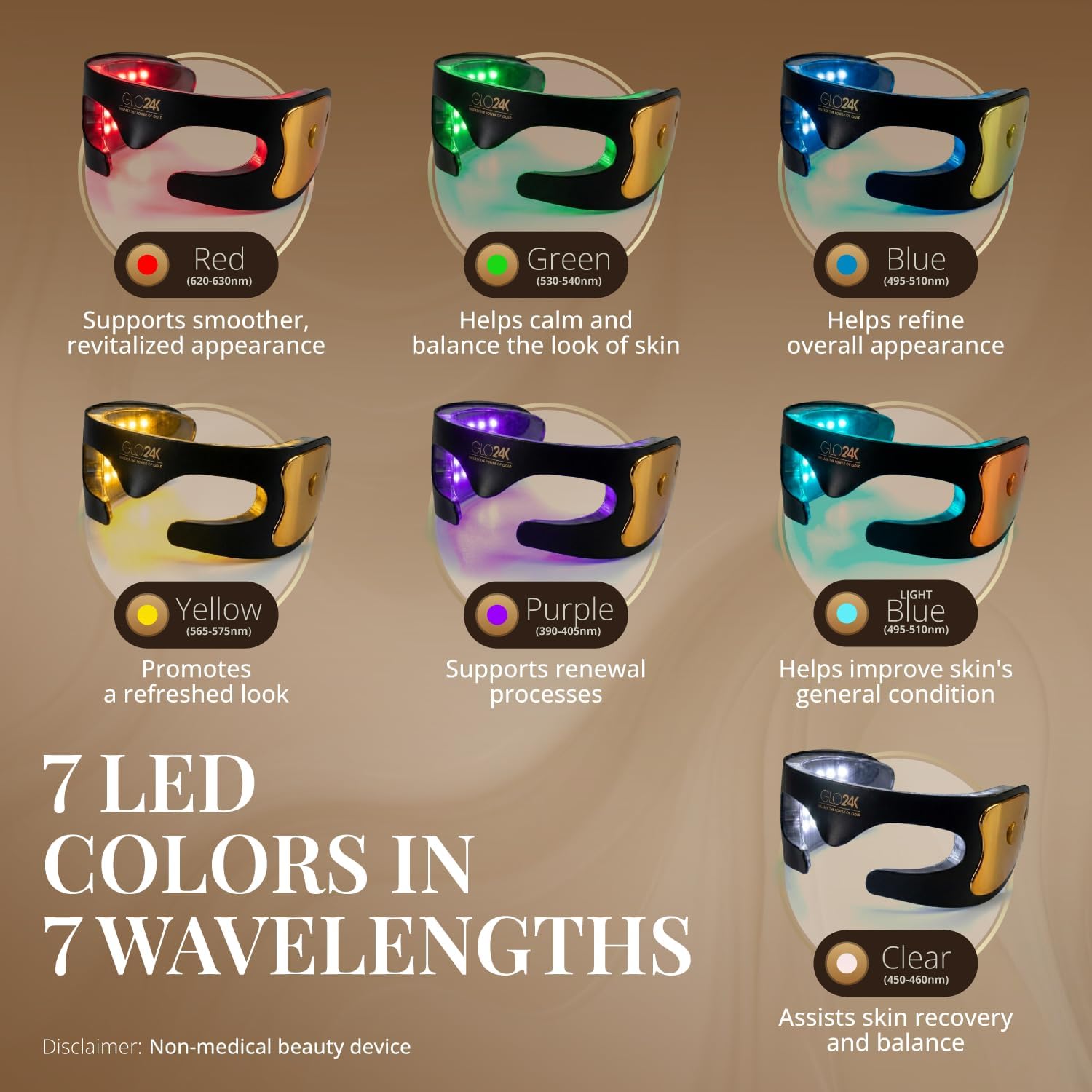 GLO24K Red Light Therapy Mask – LED Face Mask Light Therapy, 7 Color LED Face Light Therapy Device, Rechargeable Infrared Face Mask for Skincare