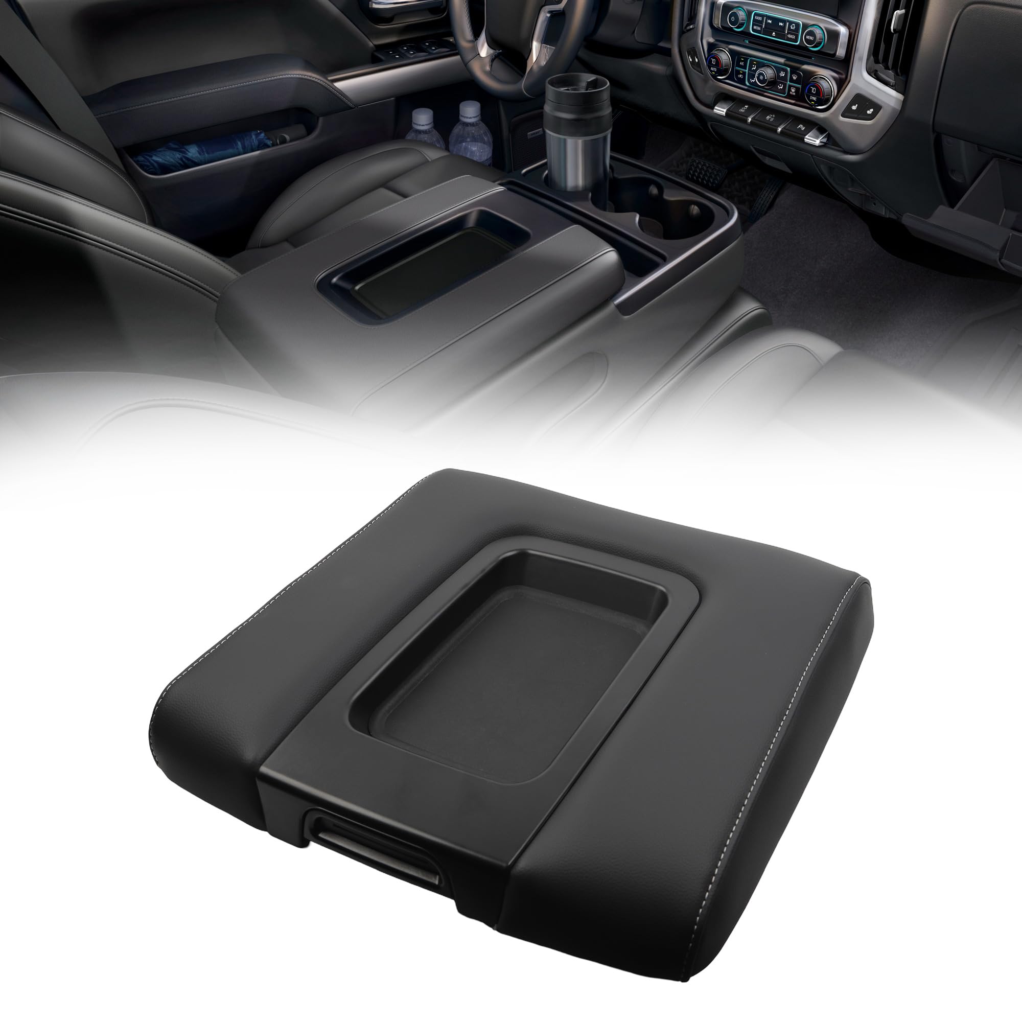 Photo 1 of **BROKEN LOCK** Dasbecan Center Console Lid Compatible with 2014-2018 Chevy Chevrolet Silverado/GMC Sierra 1500 2500HD 3500HD Front Center Console Armrest Lid with Liner Mat Black Replace 22881398