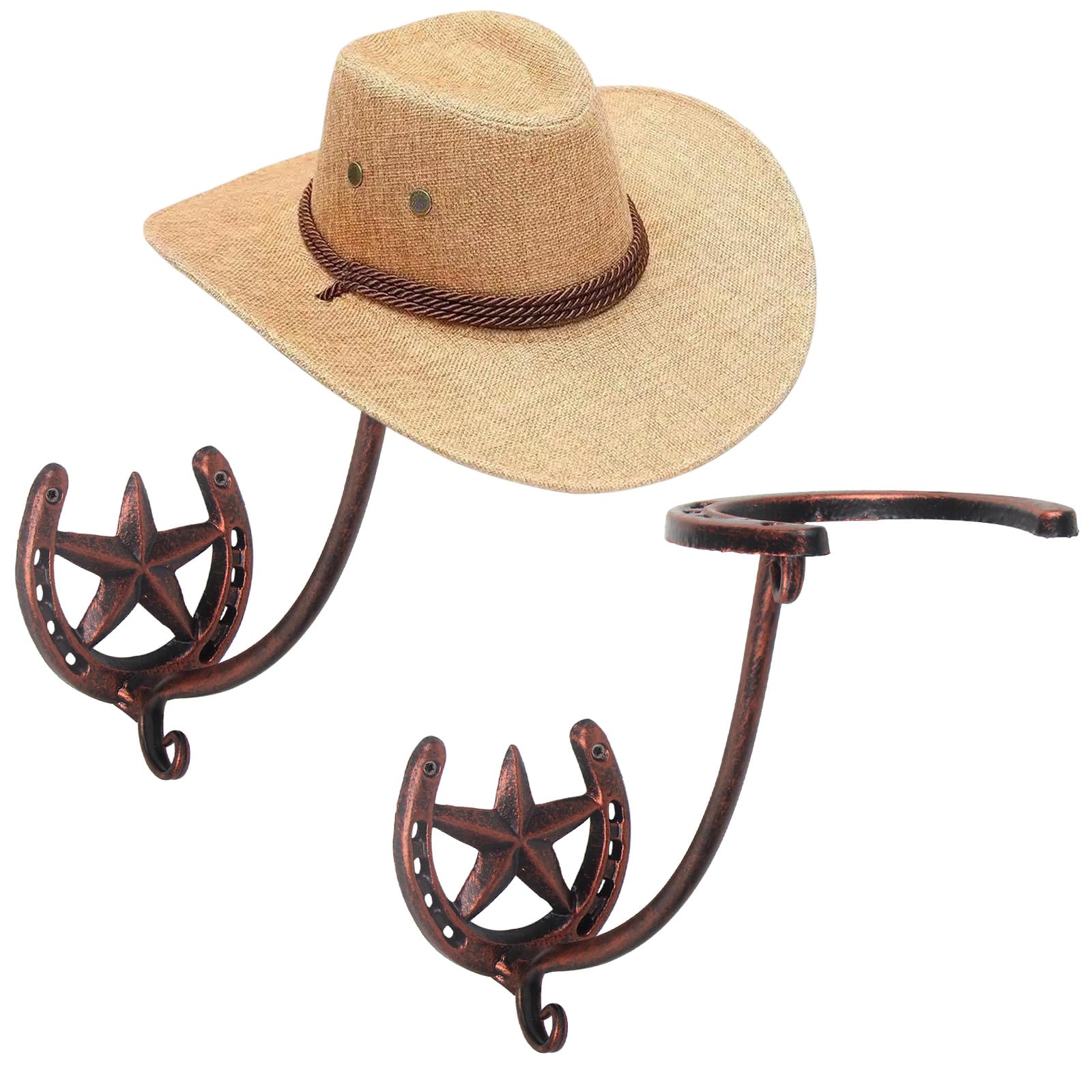 YEPOTUE Cowboy Hat Rack, 2 Pack Rustic Metal Cowboy Hat Holder Wall Mount with Hooks Horseshoe Cast Iron Hat Hanger for Western Home Decor Storage and Display - Cowboy, Fedora, Sun Hats