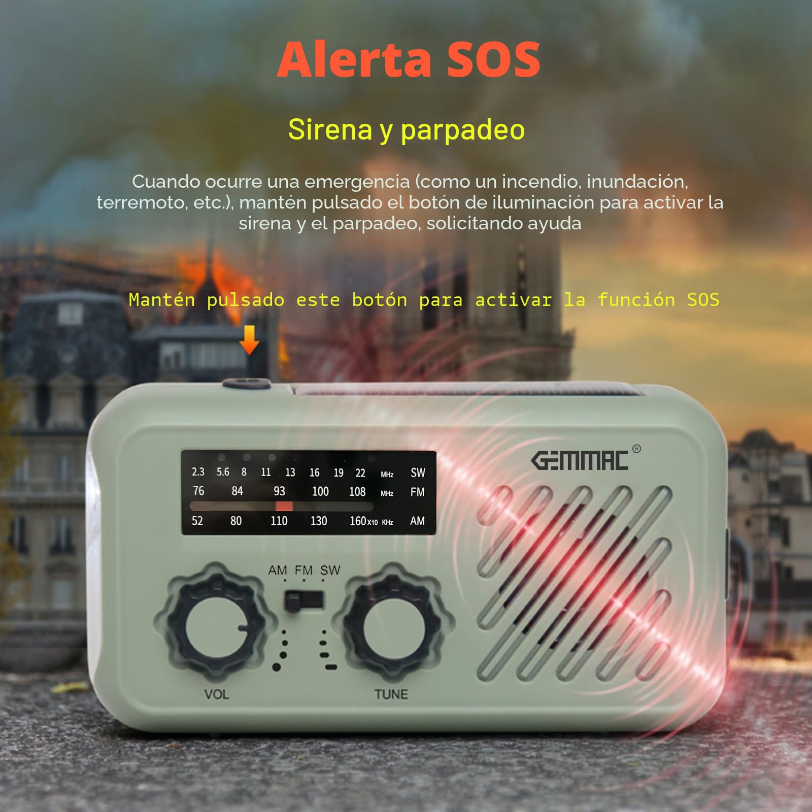 Gemmac Radio de Emergencia Portátil 2000mAh con Manivela y Carga Solar, Linterna LED 3 Modos, SOS Alarma, Powerbank, Carga USB Emergency Radio - Ideal para Emergencias y Aventuras