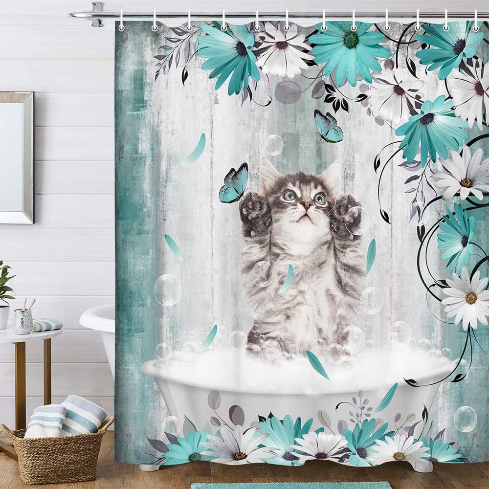 Uokiuki Funny Cat Shower Curtain, Fun Cat in Bathtub Rustic