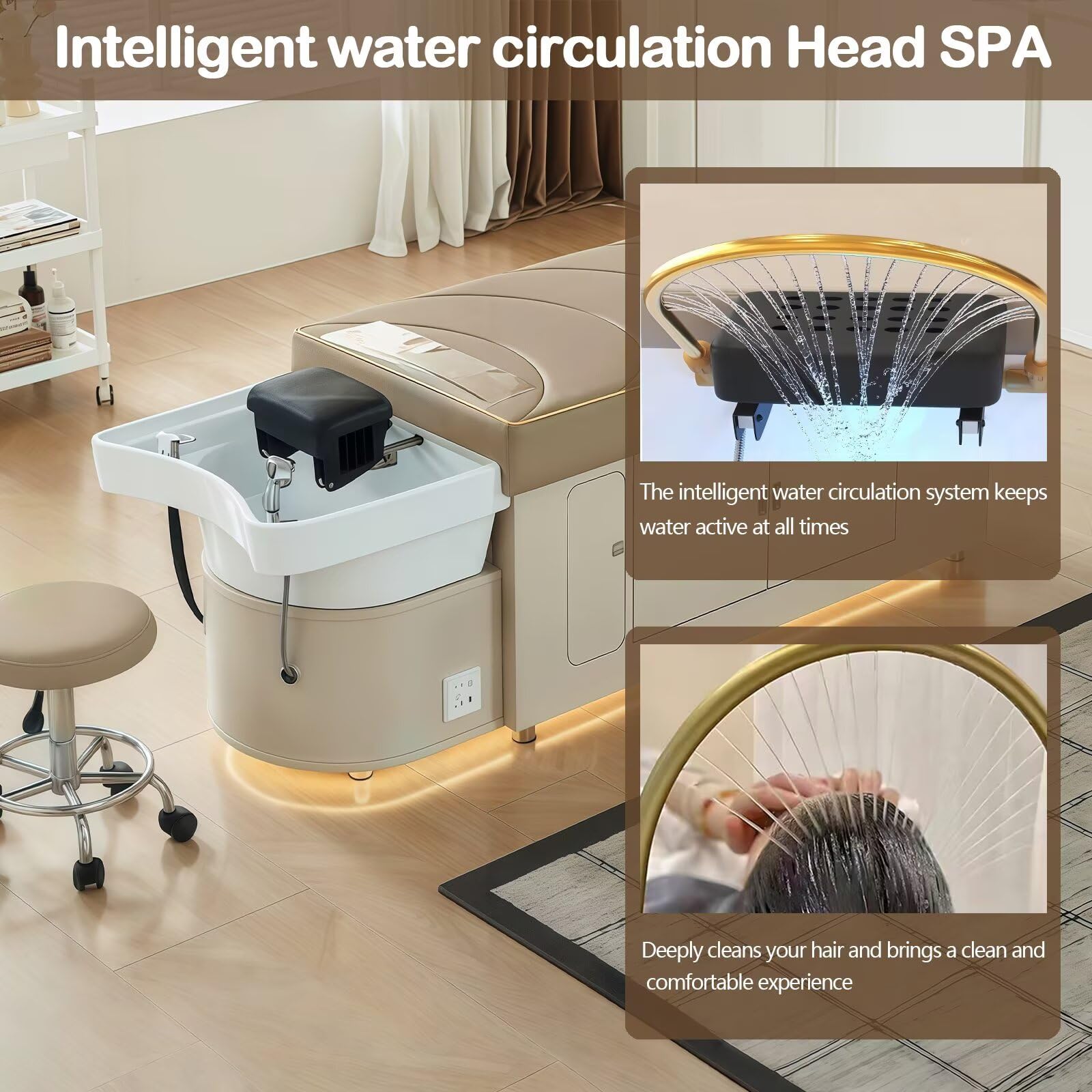 Salon szamponu Bed Head Spa z beżowym fotelem do masażu do mycia włosów i rzęs. Zawiera przechowywanie, funkcję dymu i cyrkulację wody.