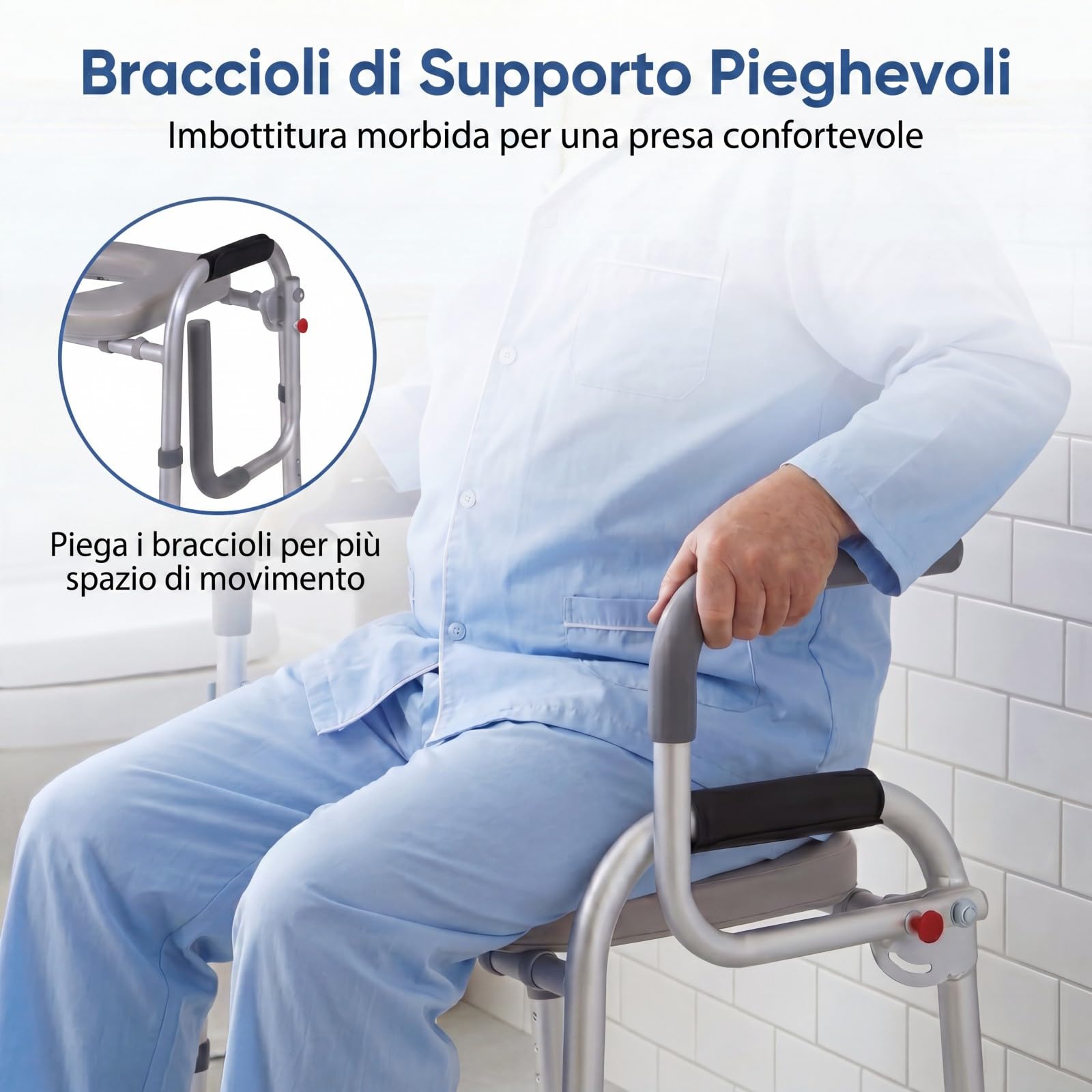 RELAX4LIFE Rialzo WC per Anziani, Lega di Alluminio, Maniglia Antiscivolo, Altezza Regolabile da 49 a 59 cm, Supporto per Doccino, Carico max. 136kg, Sedia WC Disabili