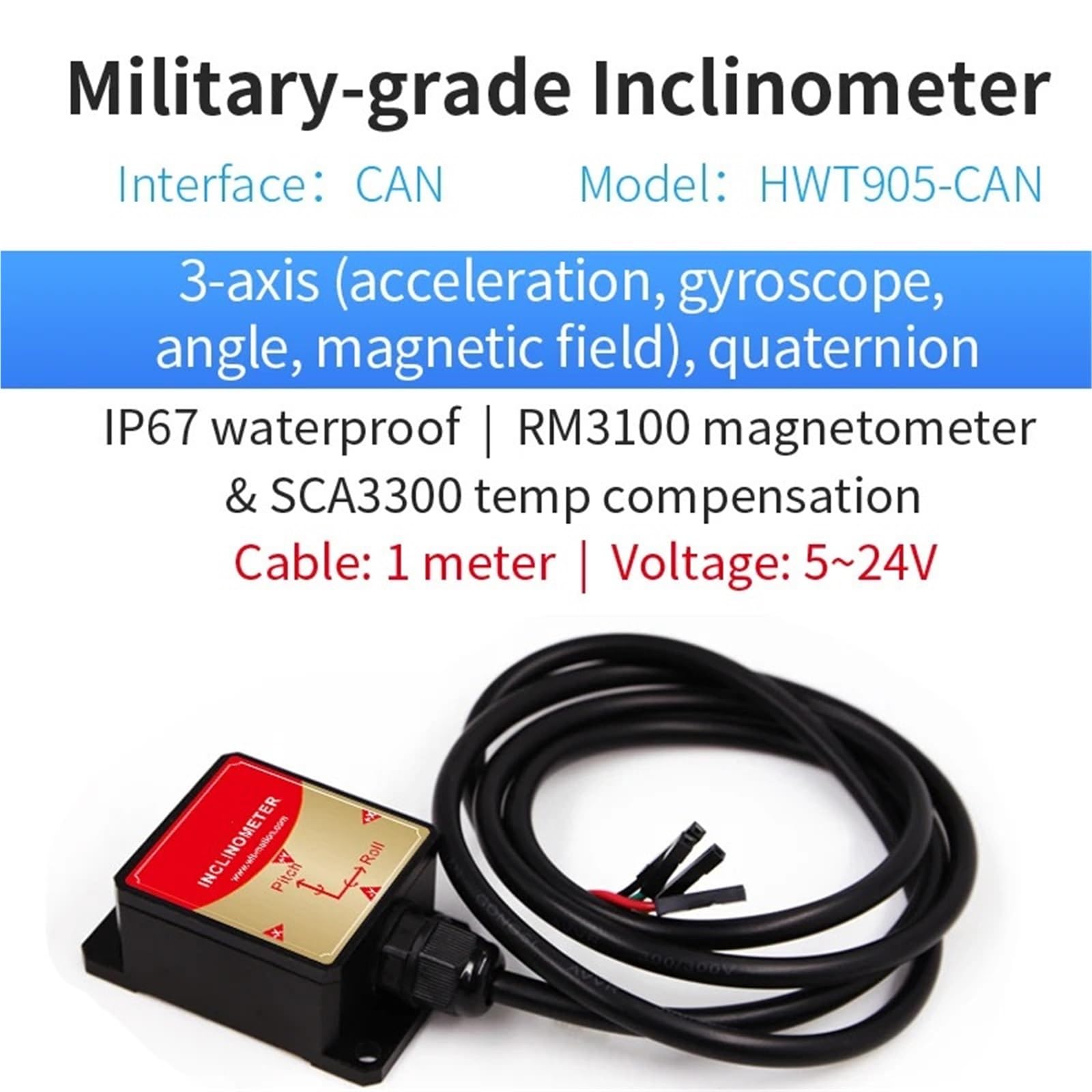 Inclinometro ad alta precisione HWT906 1000Hz Accelerometro di livello industriale + bussola digitale + giroscopio, con compensazione della temperatura(HWT905-CAN)