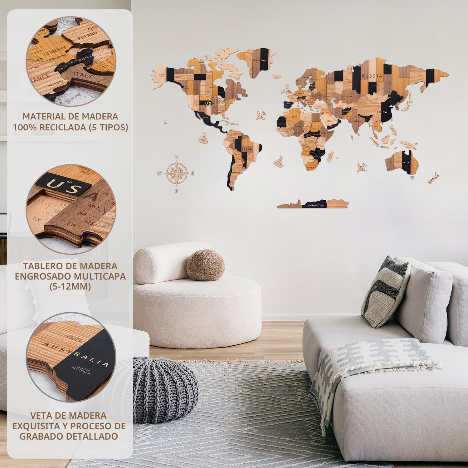 Mapa del mundo de madera en 3D, mapa decorativo del mundo de madera arte de pared multicapa, arte de decoración de pared para el hogar y la oficina, regalo para todas las ocasiones, 150 x 85 cm