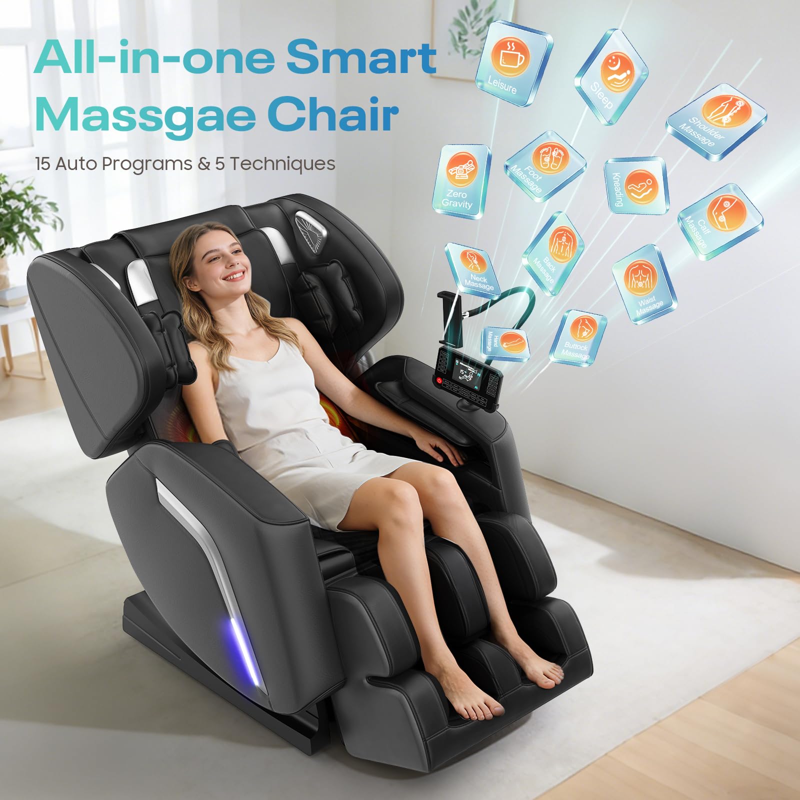Massagesessel Ganzkörper mit 14 Massagerollen,9 Airbags,Fußmassage,Massagesessel mit Wärmefunktion-Rücken- und Beinheizung,Smartphone-Steuerung, Zero-Gravity Relaxsessel für Heimkino