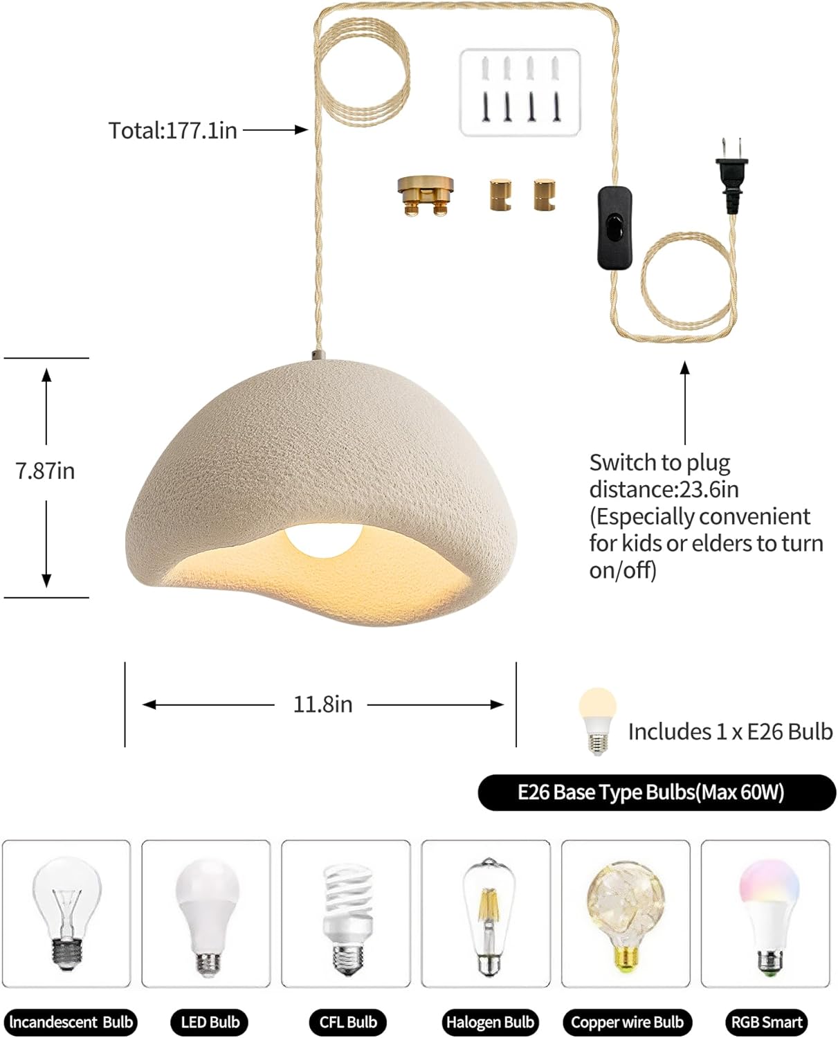 modivo 11.8in wabi sabi pendant light,plug in hanging light fixture bulb included,japandi decor japanese lamp for kitchen,living room,dining room,bedroom,island white chandelier white a-style 11.8in