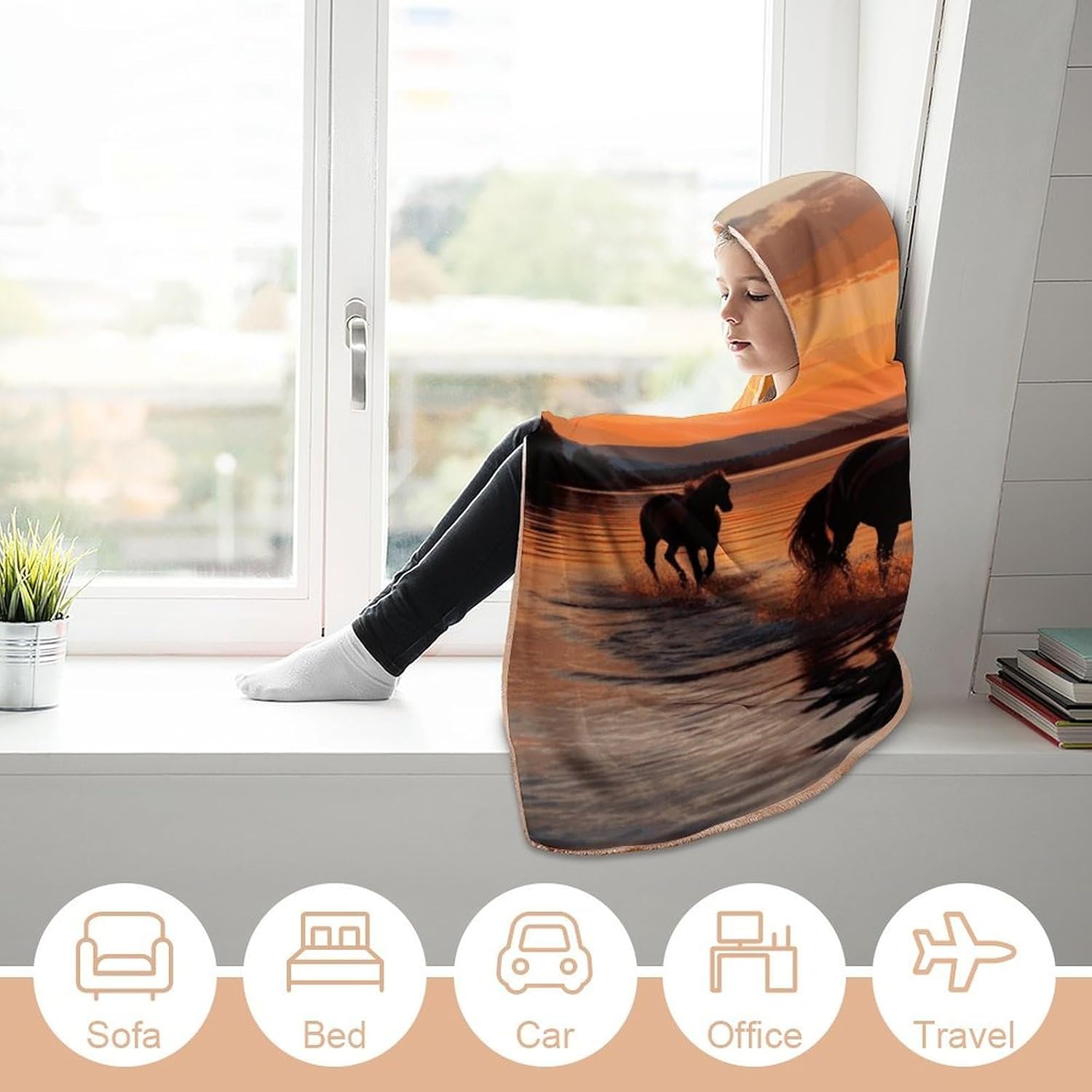 Sunsets Lake Horses Wearable Fleece Blanket with Hood for Men & Women Oversized Hoodie Blanket Soft Cozy Gift-