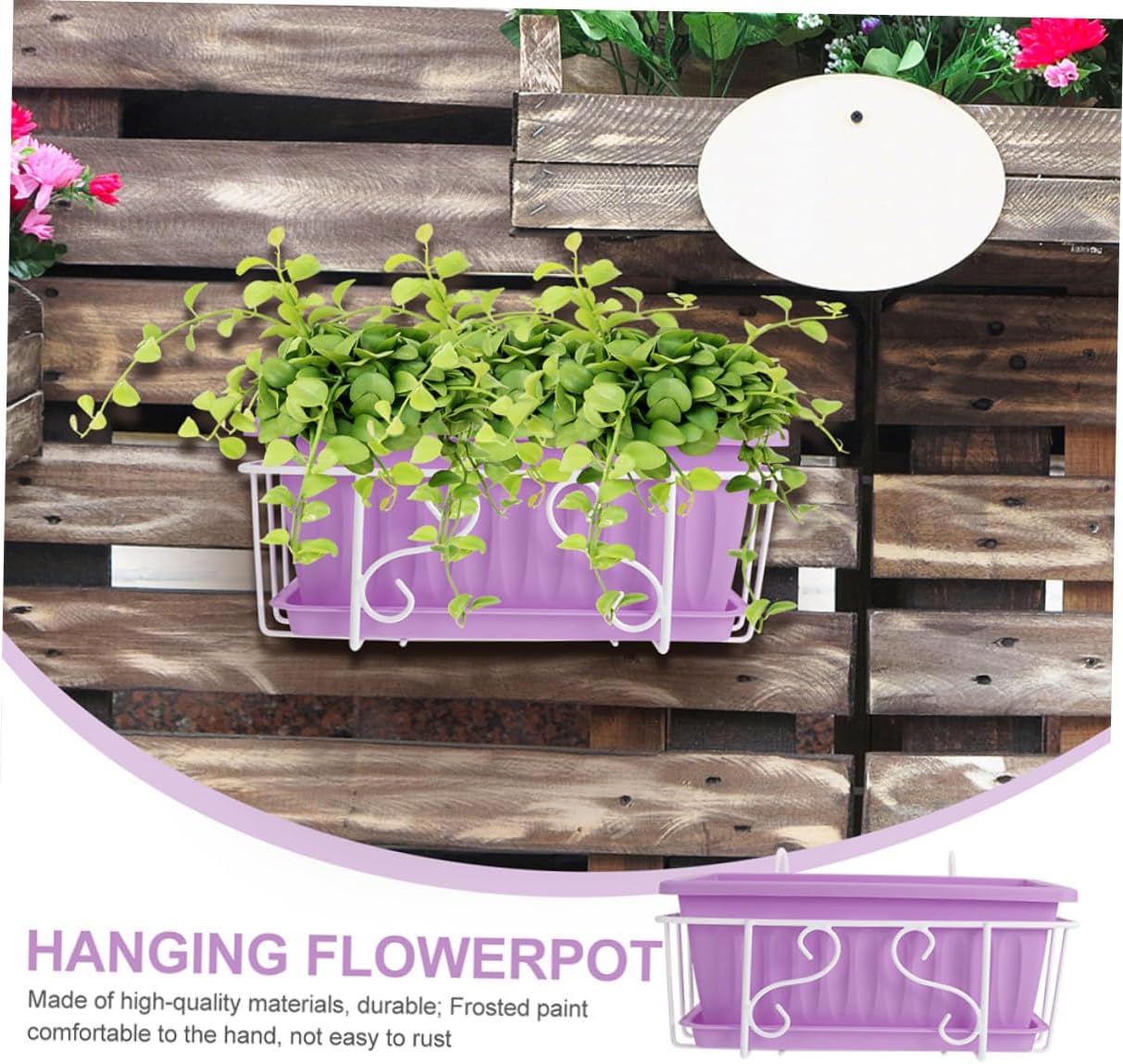 NUOBESTY Rectangular Hanging Planter Pot with White Iron Bracket and Tray, Medium Purple Resin Flower Pot for Indoor Garden, Balcony Vegetable and Succulent Planting Holder
