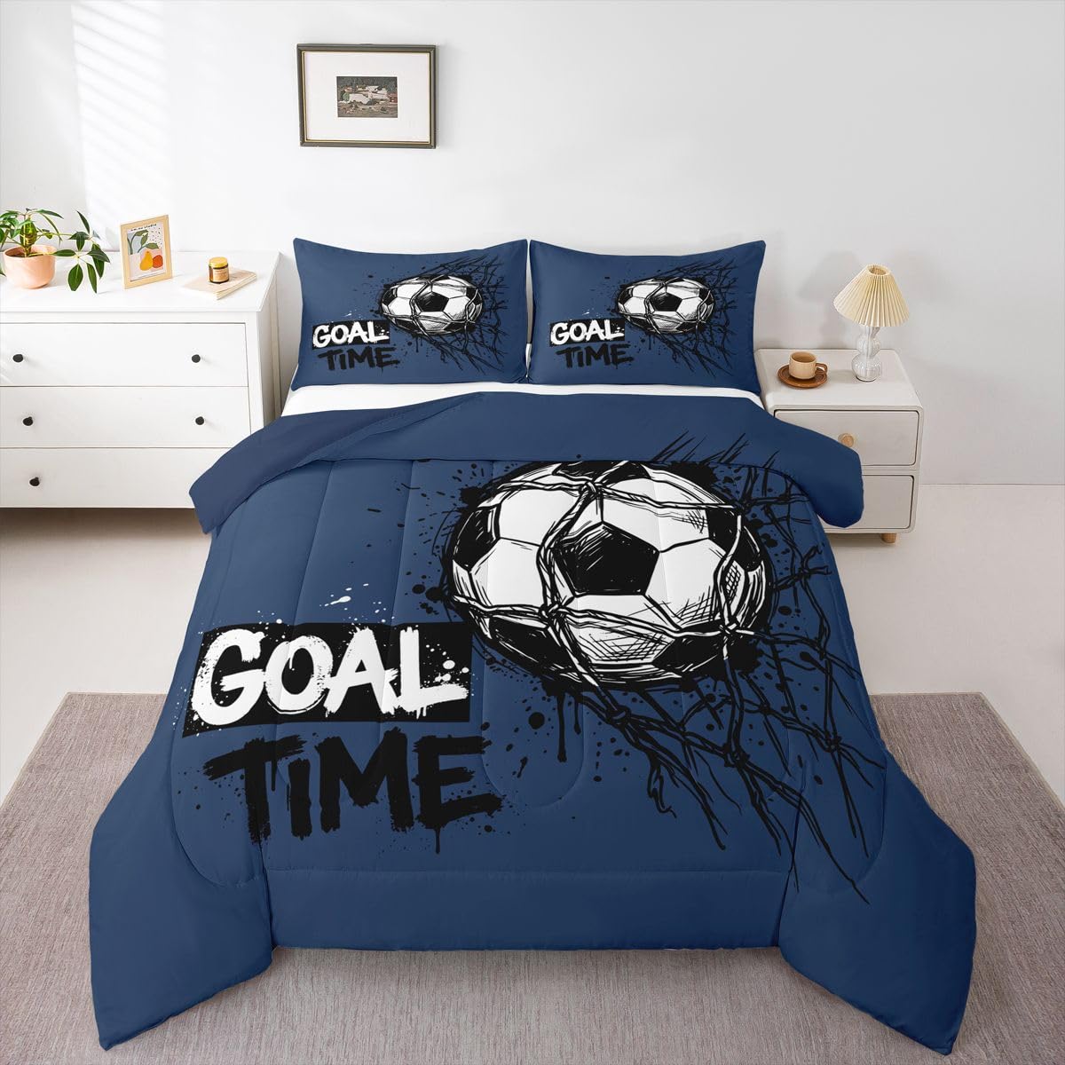 Feelyou Soccer Kids Comforter Set Full Size Soccer Ball Game Bedding Set Blue Gaming Sports Duvet Quilt for Kids Boys Girls Bedroom Gift for Football Lover Decor Microfiber Ultra Soft Breathable