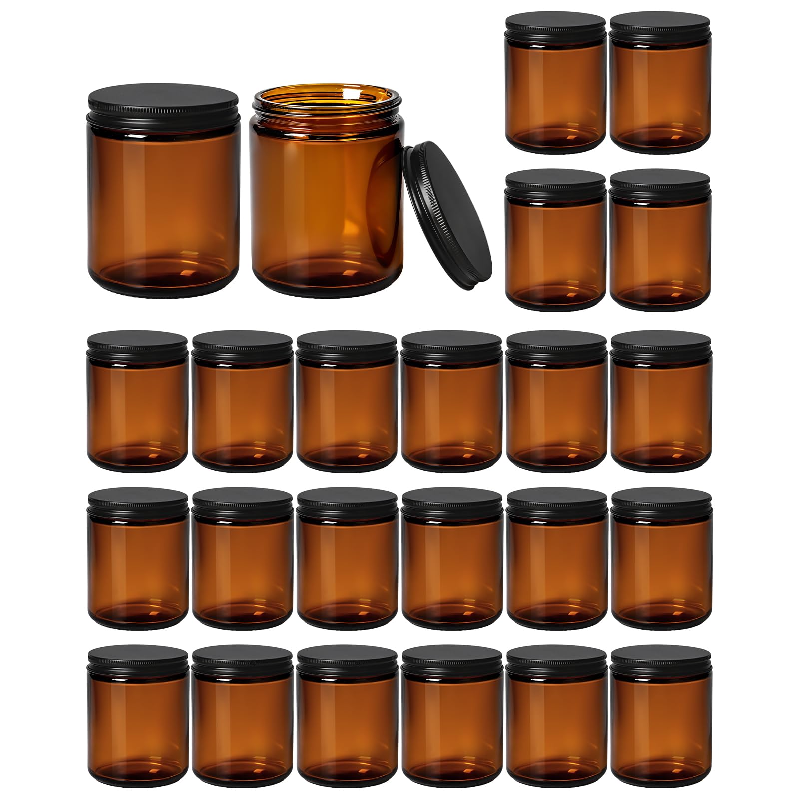 24 barattoli per candele in vetro ambrato con coperchi, barattoli di vetro spesso con coperchi in metallo nero opaco, barattoli vuoti per la produzione di candele, conservazione, artigianato fai da te