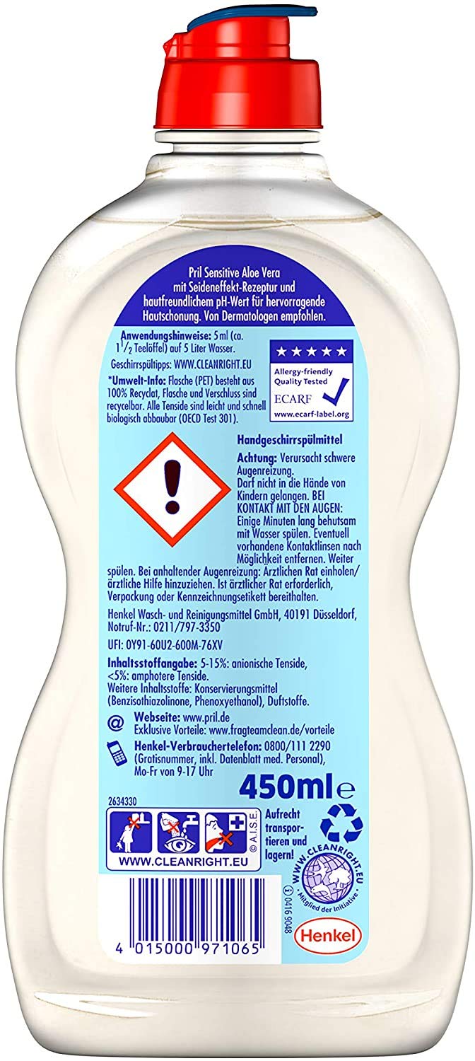 Pril Sensitive Aloe Vera, (16 x 450 ml) Handgeschirrspülmittel, pH hautneutral mit Seideneffekt