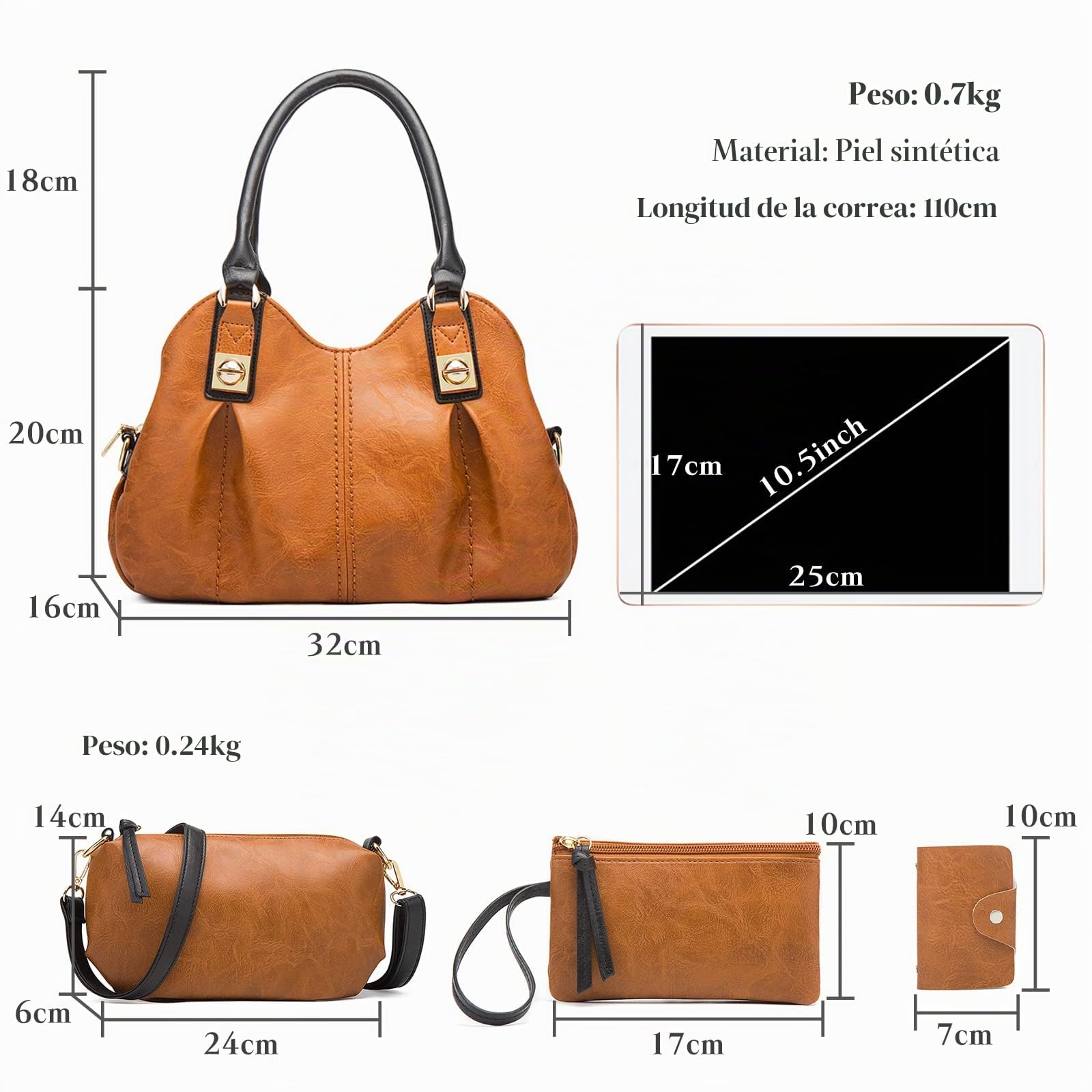 FANDARE - Bolso de mano retro para mujer, bandolera, impermeable, bolsa de piel suave, bolsa de hombro para 4 piezas para viajes y trabajo, Negro, large, Retro