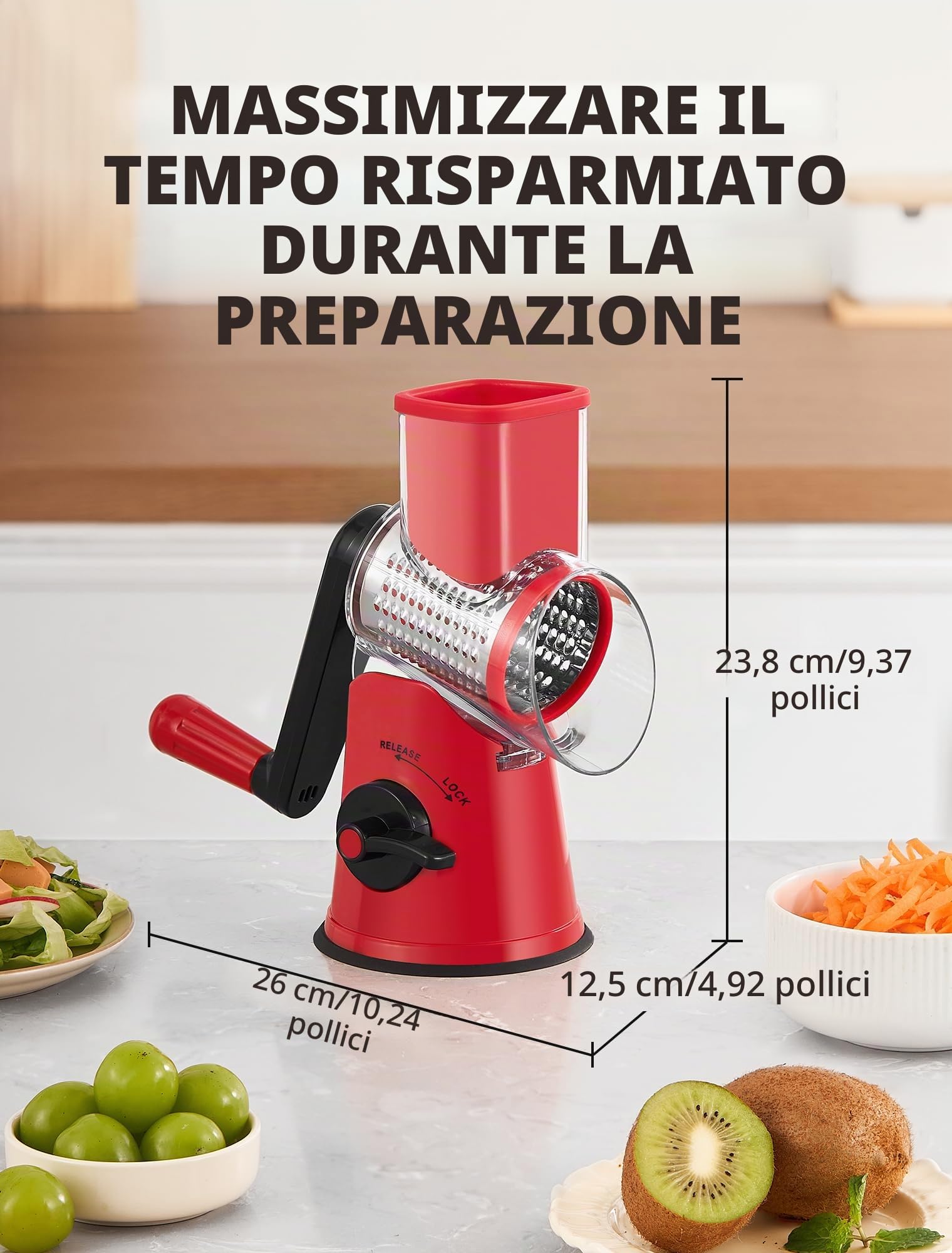 GDL Grattugia Formaggio, Grattugia Verdure con 5 Lame di Tamburo, Affetta Verdure Manuale Taglio Facile e Veloce, Grattuggia Tritaghiaccio per Formaggio Ghiaccio Dado Cetriolo Carota Cavolo, Rosso
