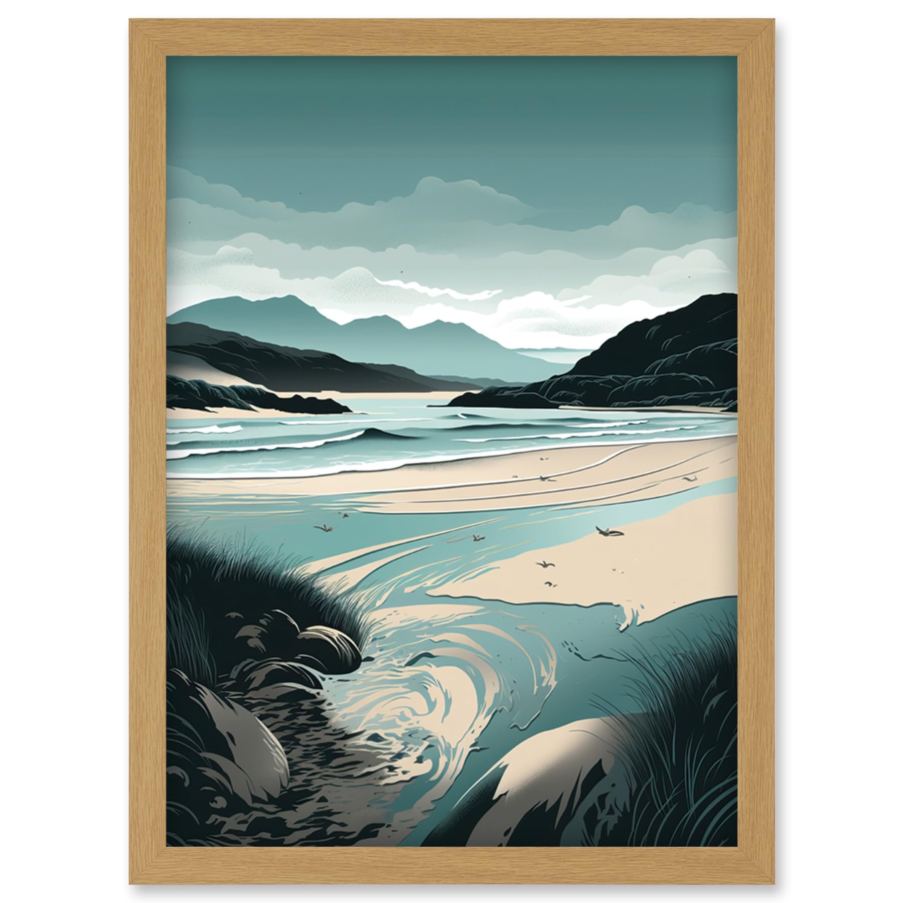 Artery8 Luskentyre Sands Coastal Landscape Illustration Artwork Framed Wall Art Print A4