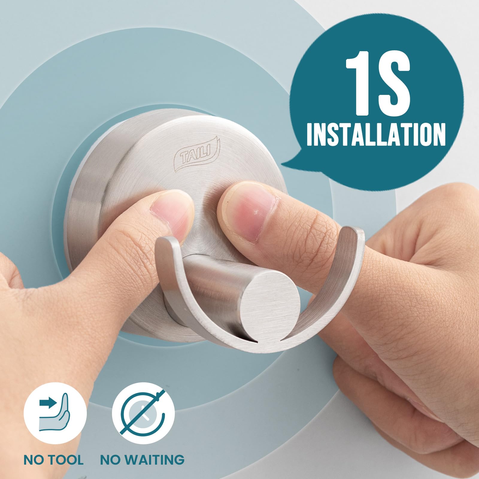 TAILI 304 Stainless Steel Bathroom Suction Hooks for Towel Bathrobe Loofah Patented Strong Suction Cup Holder No Damage — view 2