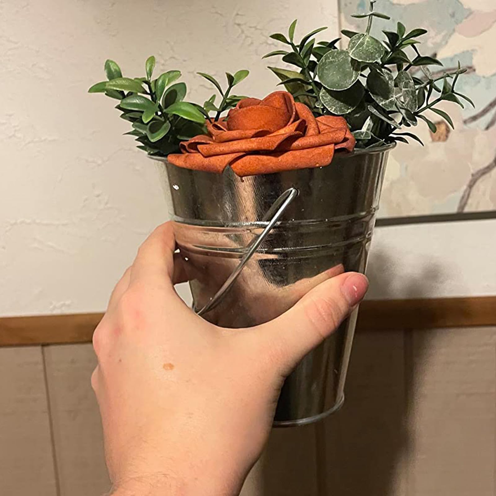 Paquete de 20 cubos de metal galvanizado de 4.5 x 5 pulgadas con asa, cubos de metal multifuncionales, cubo de metal pequeño para fiestas, plantas, bodas y decoración del hogar, jarrón, 5